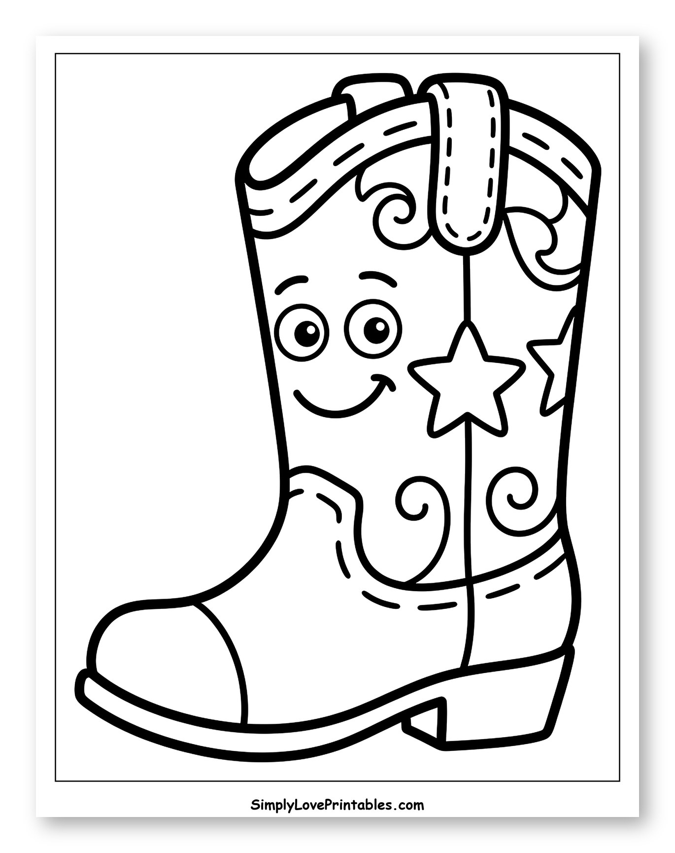 Cute Cartoon Cowboy Boot with Smiling Face Coloring Sheet for Toddlers