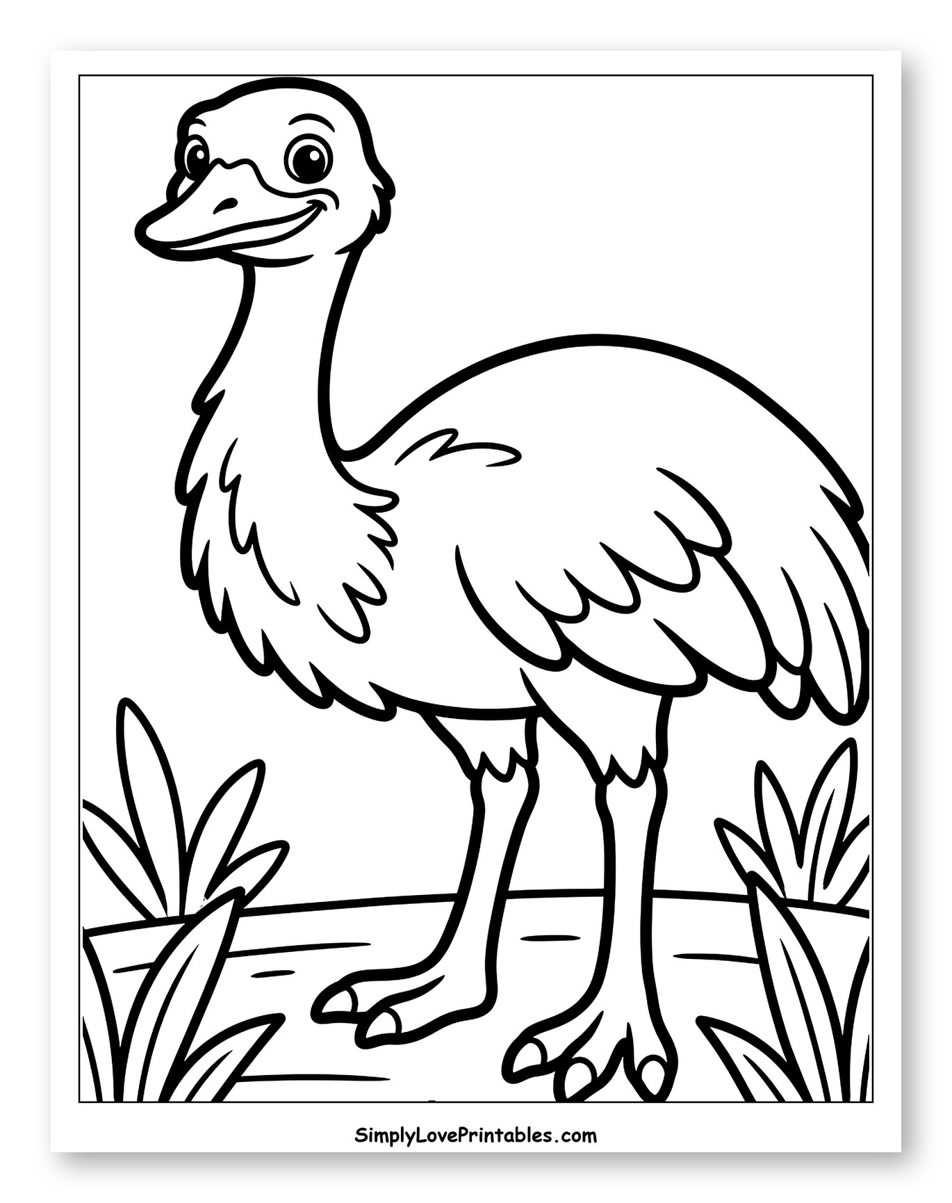 Cute Cartoon Emu Standing in Grass Coloring Page for Toddlers