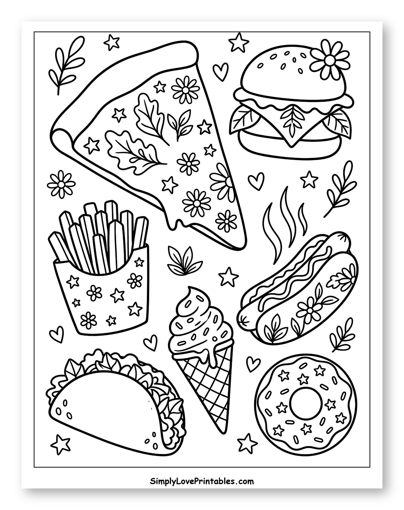 Cute Cartoon Fast Food and Sweet Treats Coloring Sheet for Adults