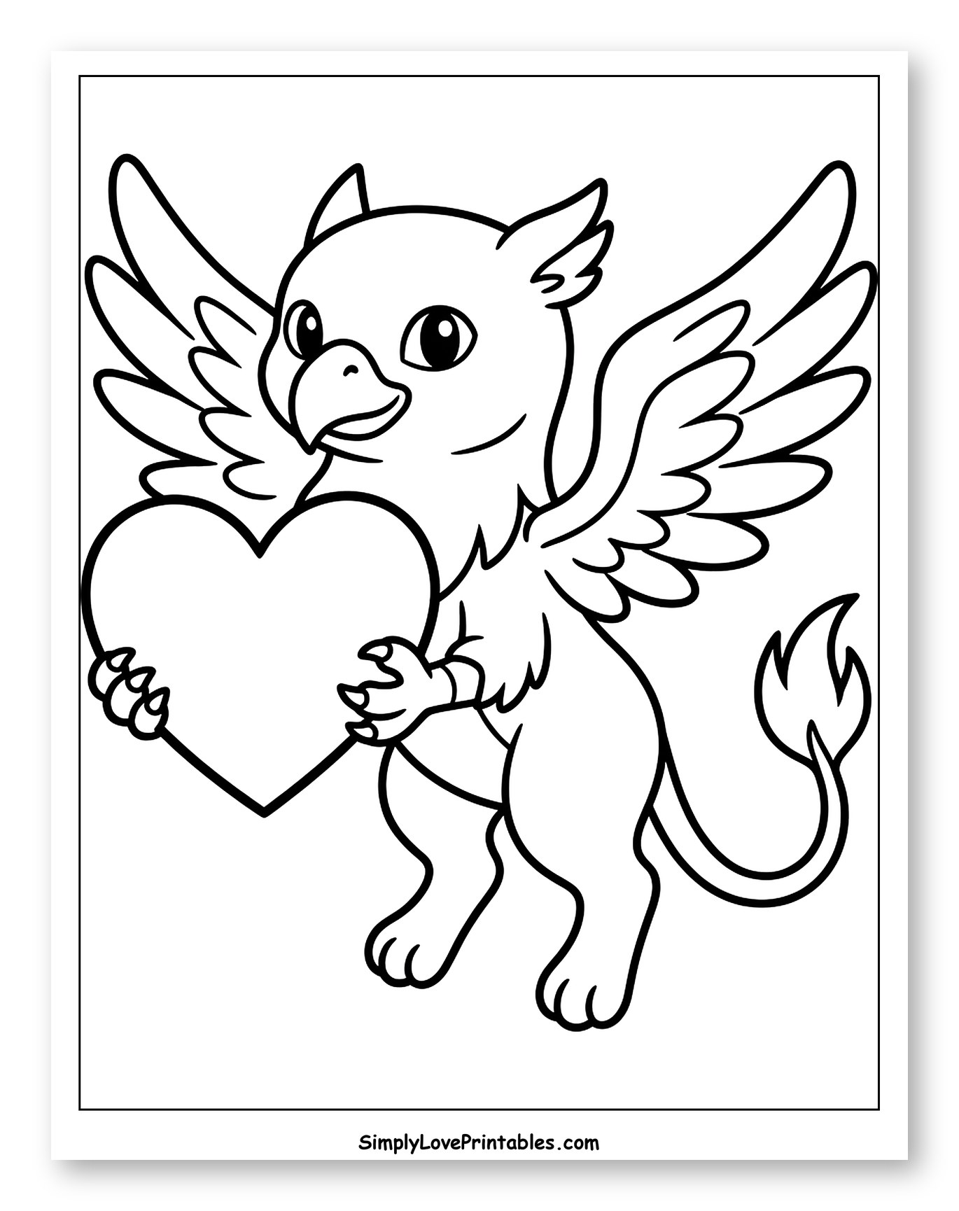 Cute Cartoon Griffin Holding a Heart Coloring Page for Toddlers