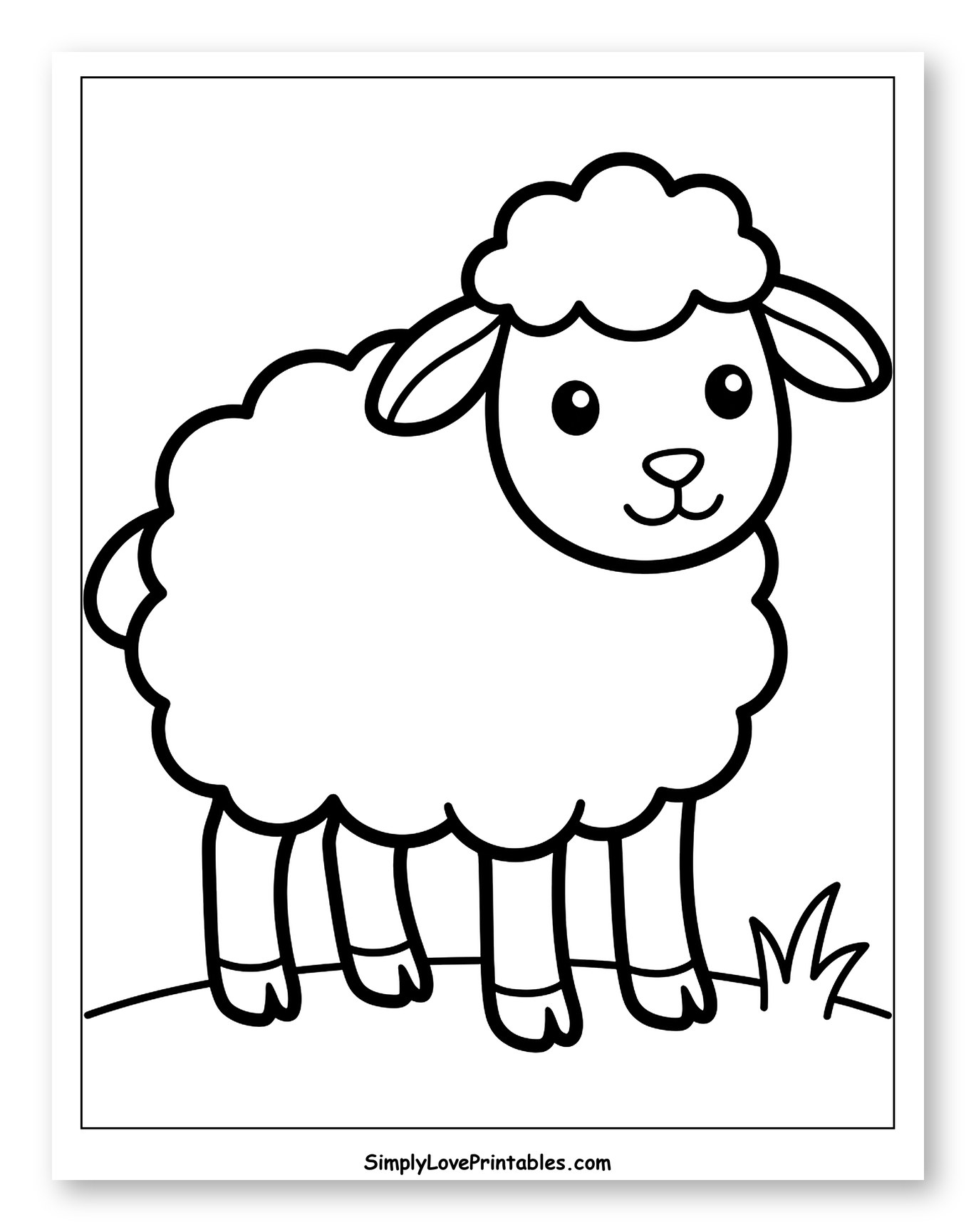 Cute Cartoon Lamb Standing on Grass Coloring Page for Toddlers