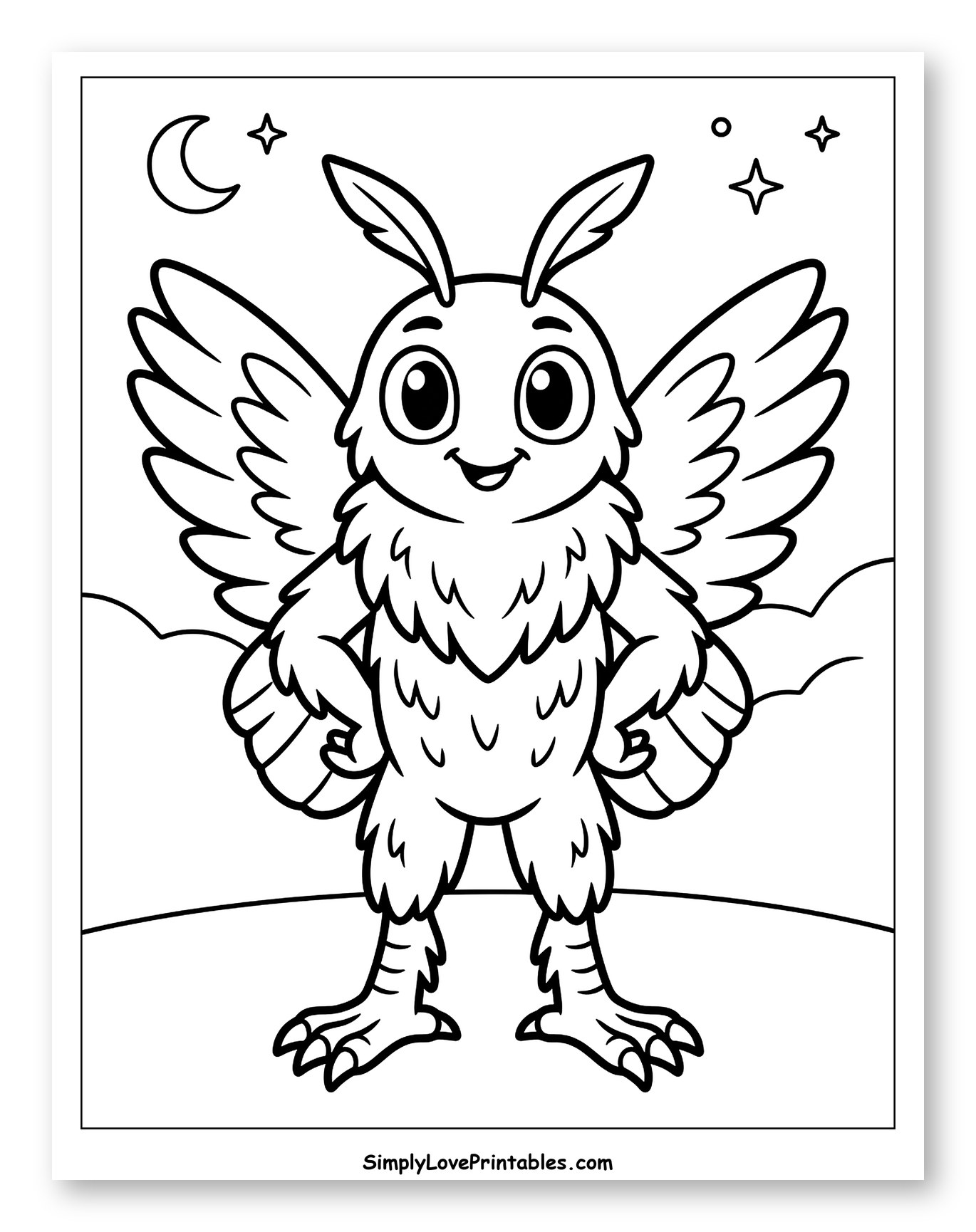 Cute Cartoon Mothman Under Moon and Stars Coloring Page for Toddlers