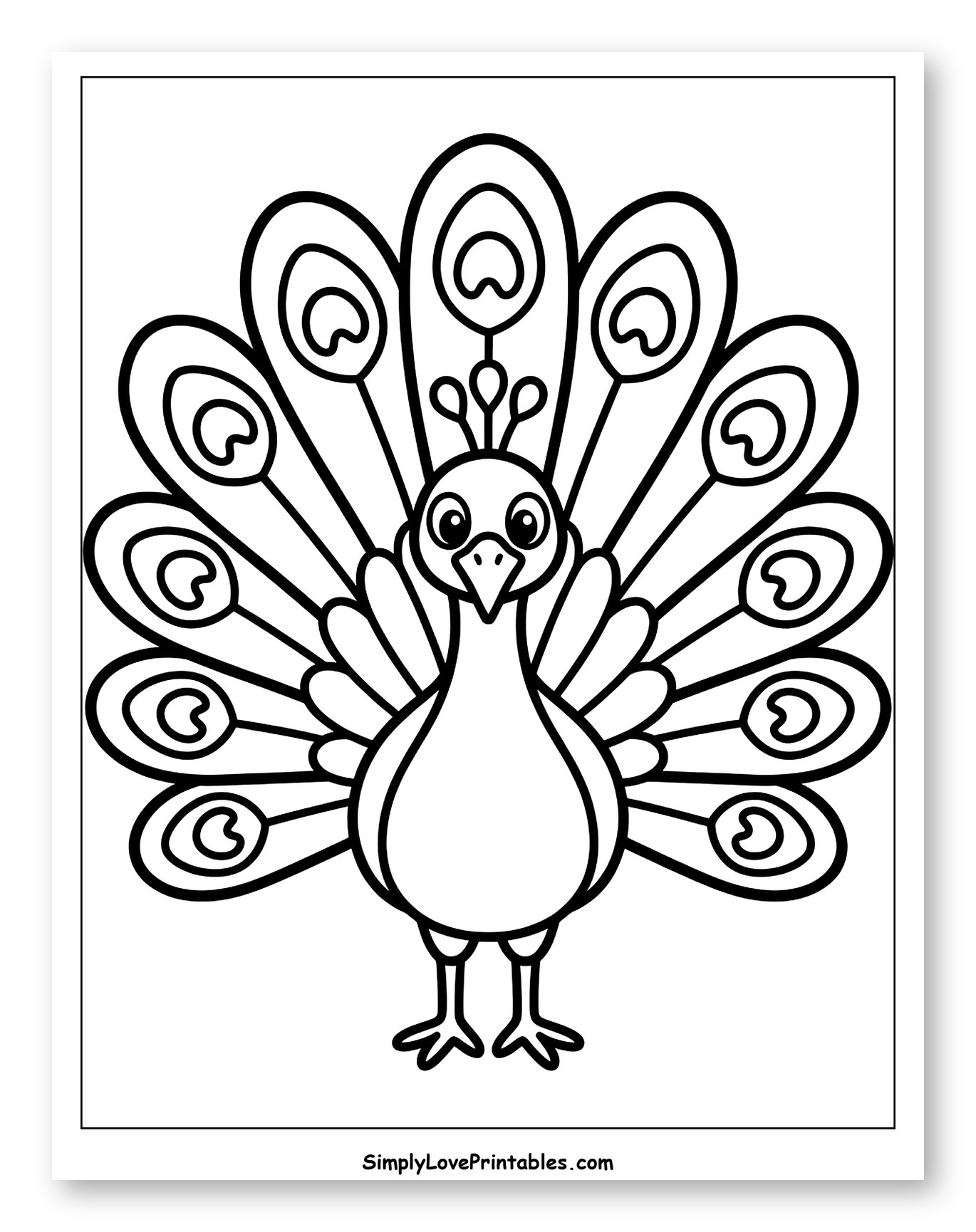 Cute Cartoon Peacock with Fanned Tail Coloring Sheet for Toddlers