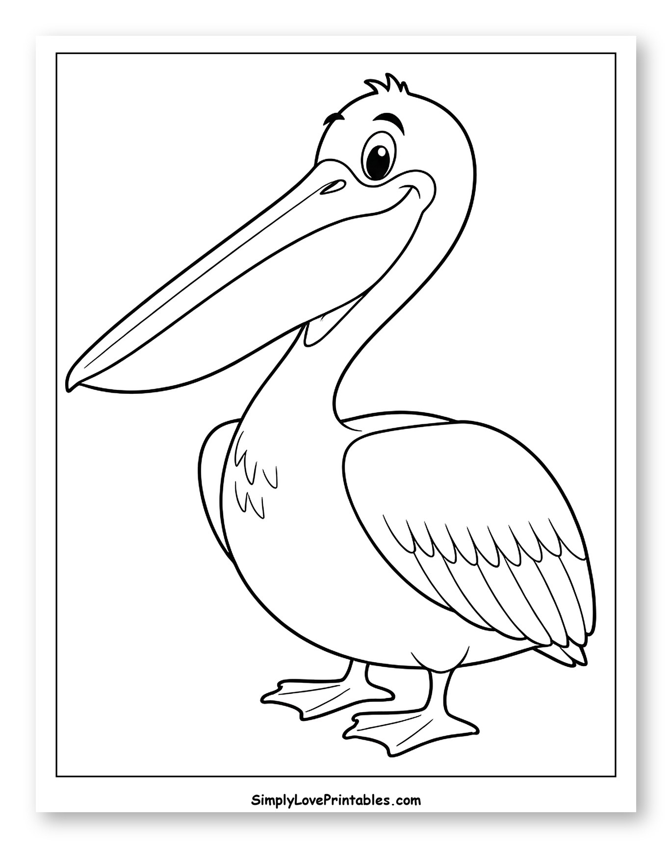 Cute Cartoon Pelican Standing and Smiling Coloring Page for Toddlers