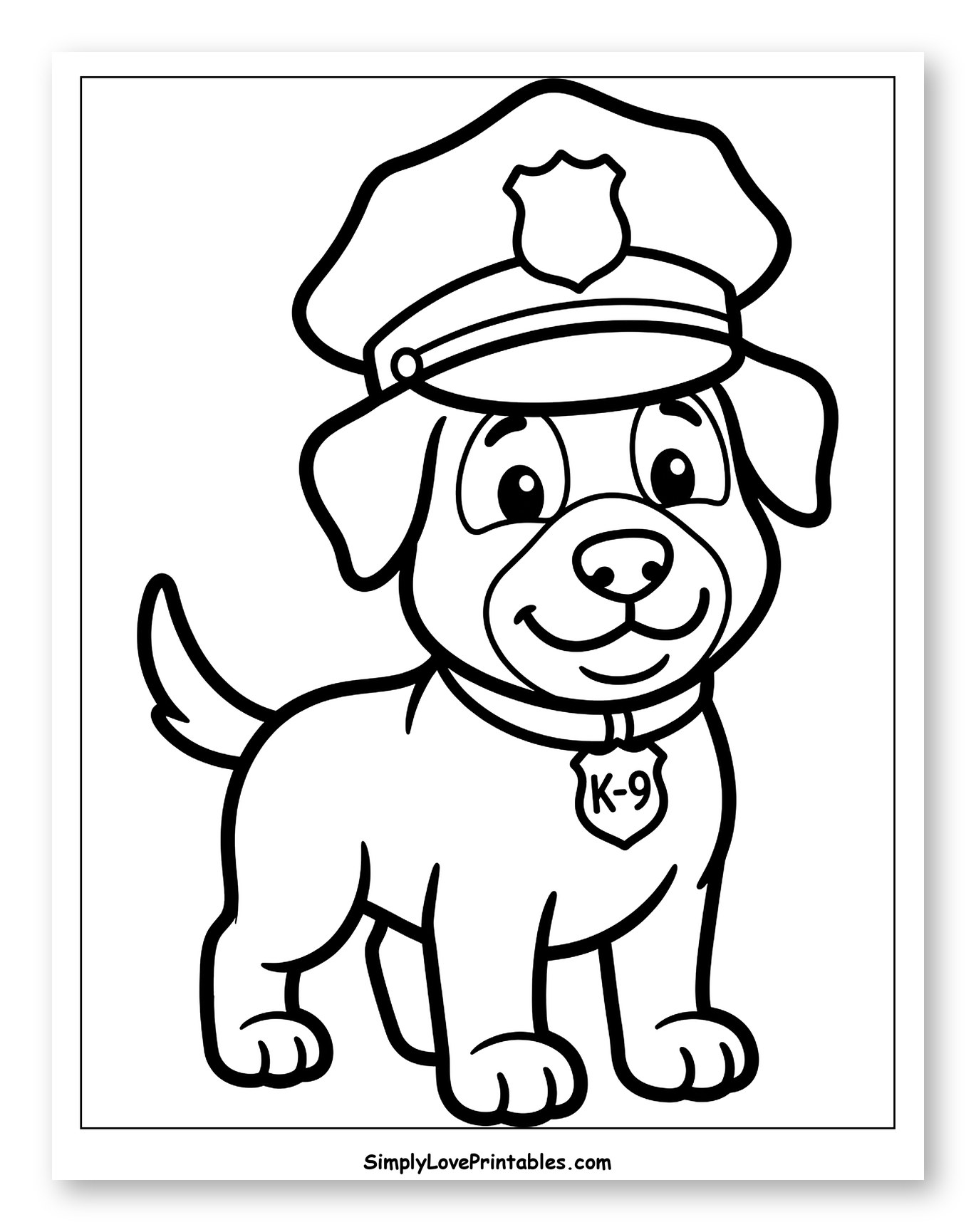 Cute Cartoon Police Dog with K-9 Badge to Color for Toddlers