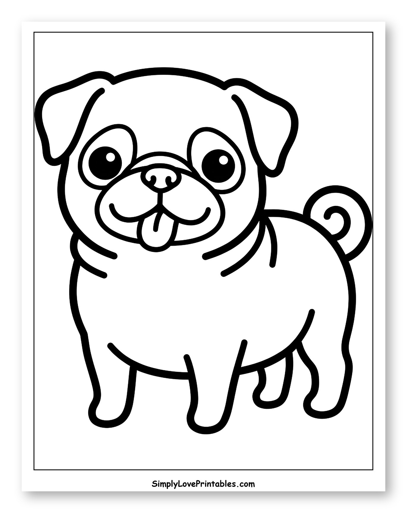 Cute Cartoon Pug Dog with Tongue Out Coloring Sheet for Toddlers