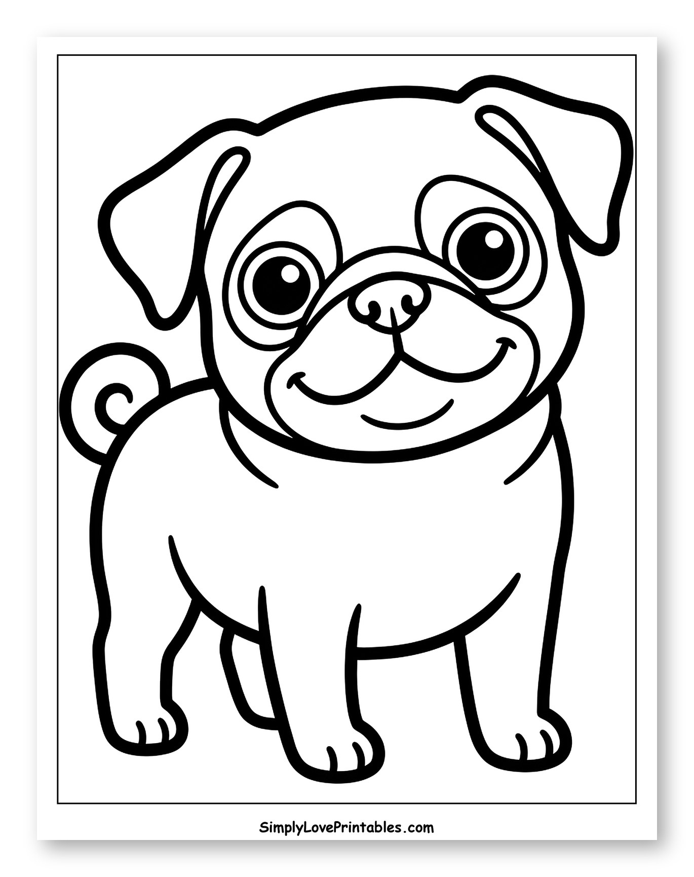 Cute Cartoon Pug Standing and Smiling Coloring Sheet for Toddlers