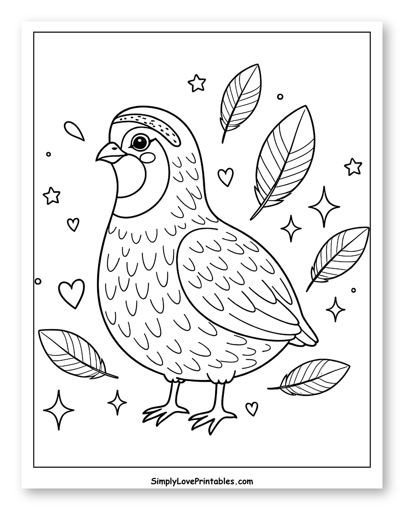 Cute Cartoon Quail with Feathers and Hearts Coloring Sheet for Adults
