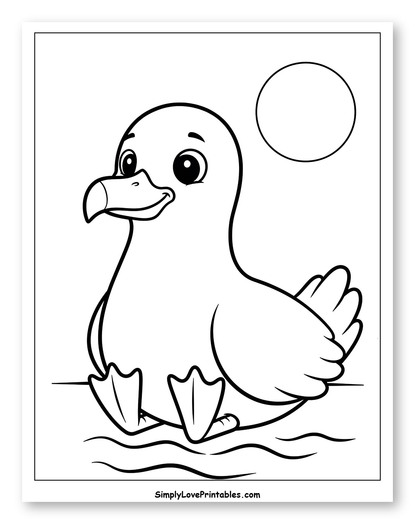 Cute Cartoon Seagull Sitting on Water Coloring Sheet for Toddlers
