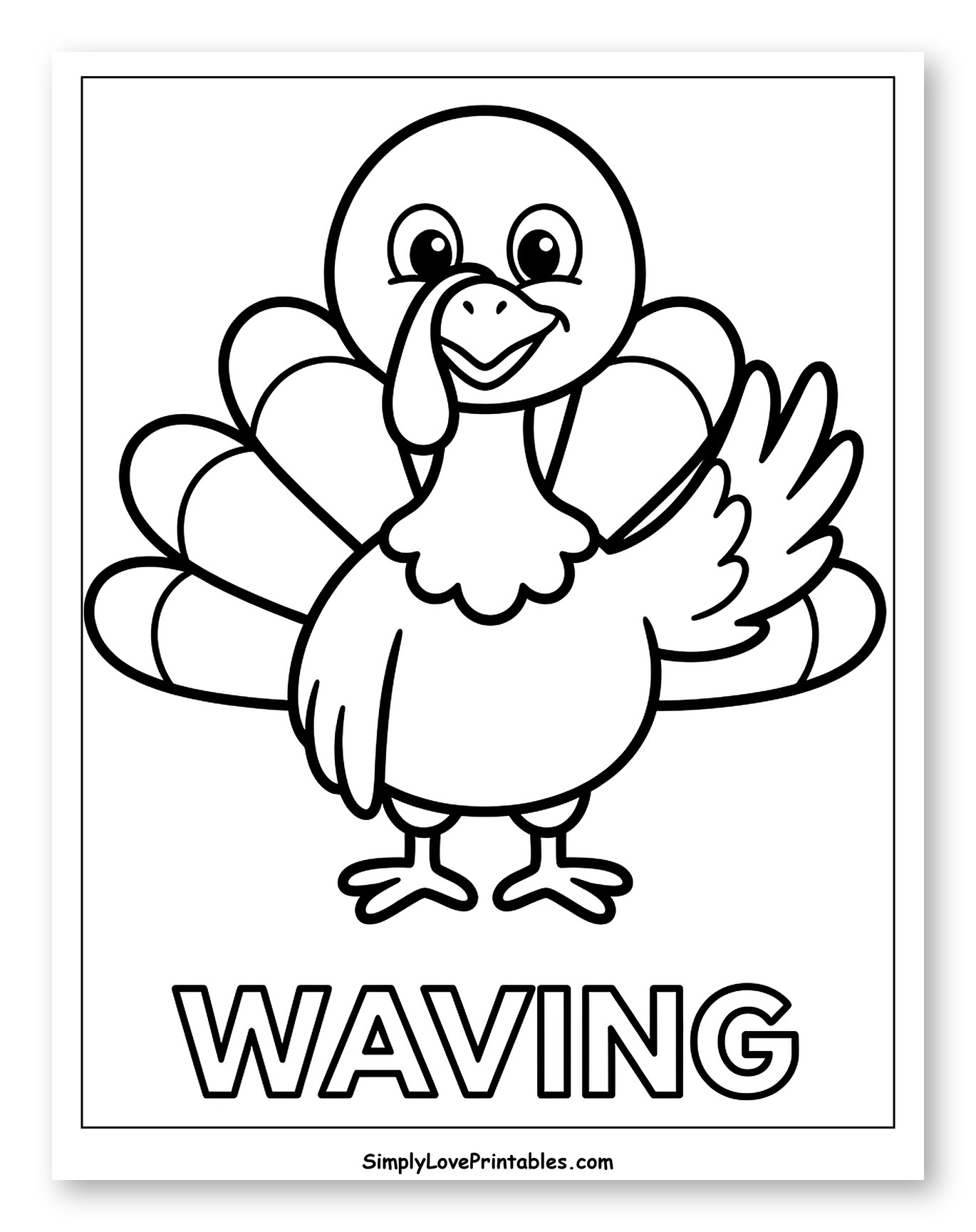 Cute Cartoon Turkey Waving with Text Coloring Page for Toddlers