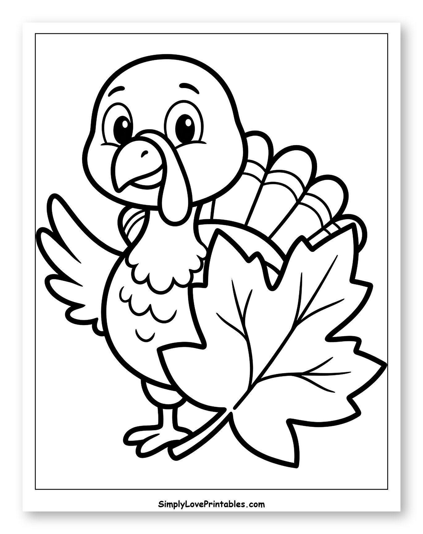 Cute Cartoon Turkey with Autumn Leaf Coloring Sheet for Toddlers
