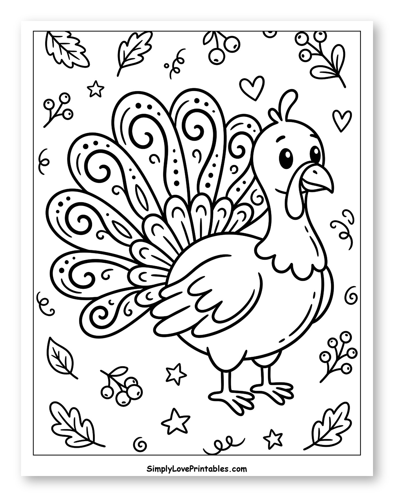 Cute Cartoon Turkey with Autumn Leaves and Berries to Color for Adults