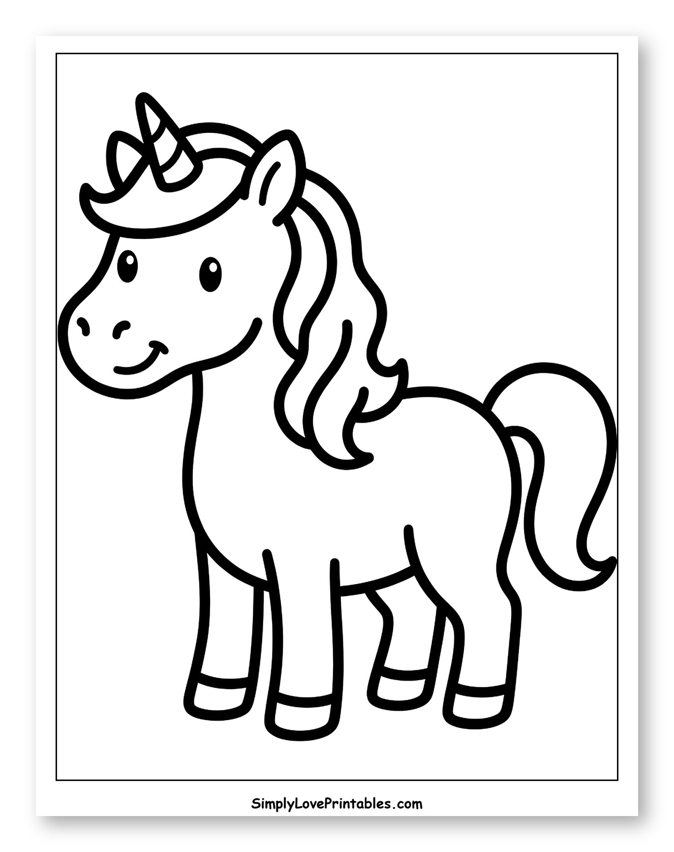 Cute Cartoon Unicorn Standing Coloring Sheet for Toddlers