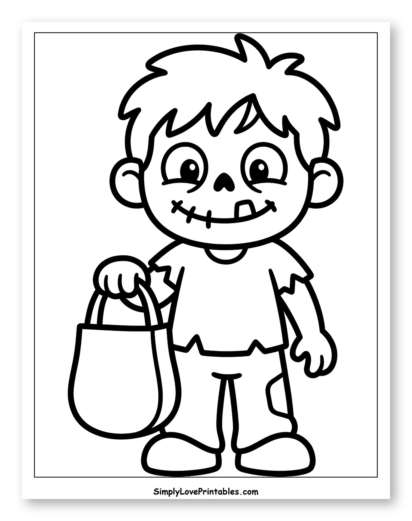 Cute Cartoon Zombie Boy with Treat Bag Coloring Sheet for Toddlers