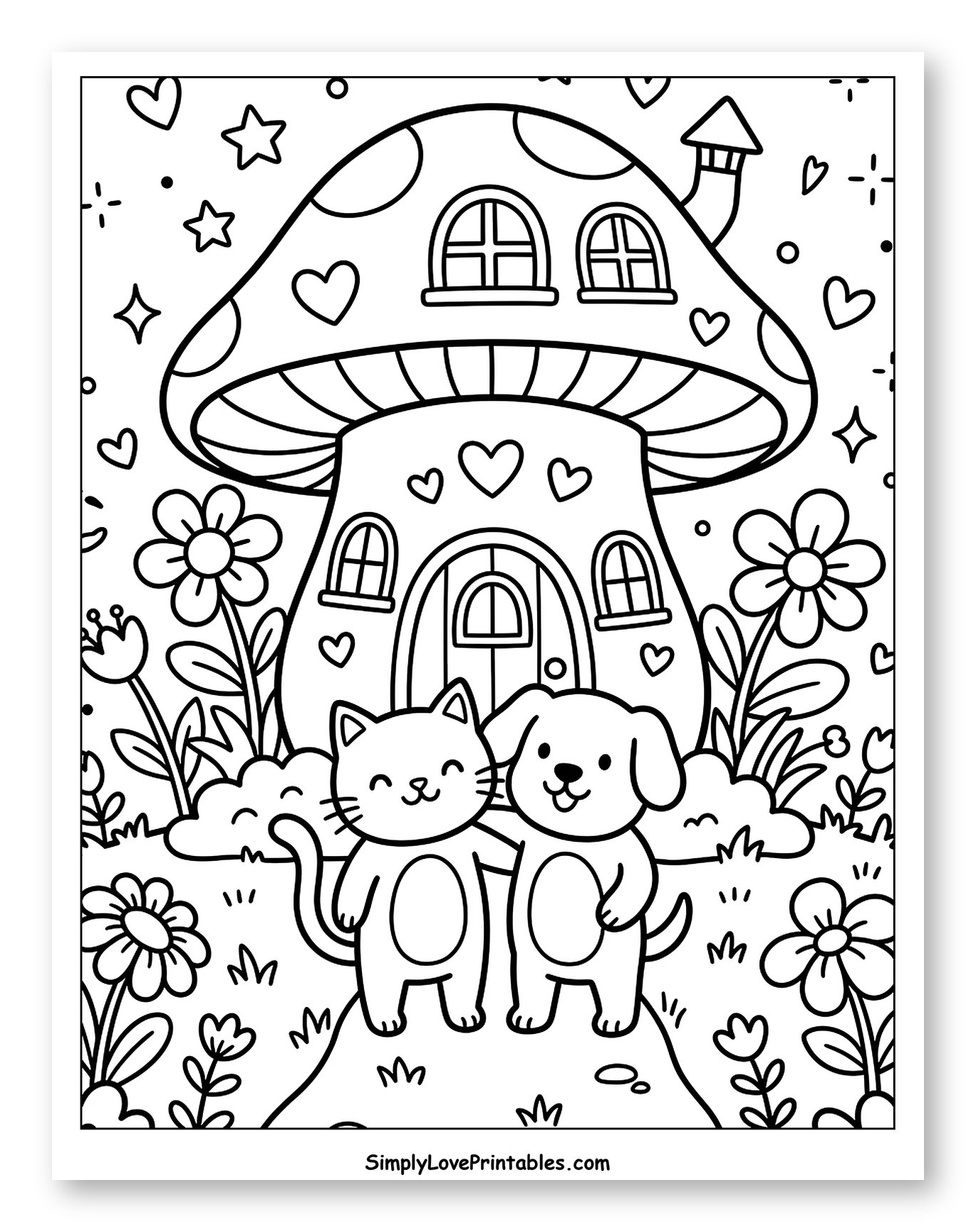 Cute Cat and Dog Friends by Mushroom House Coloring Sheet for Adults