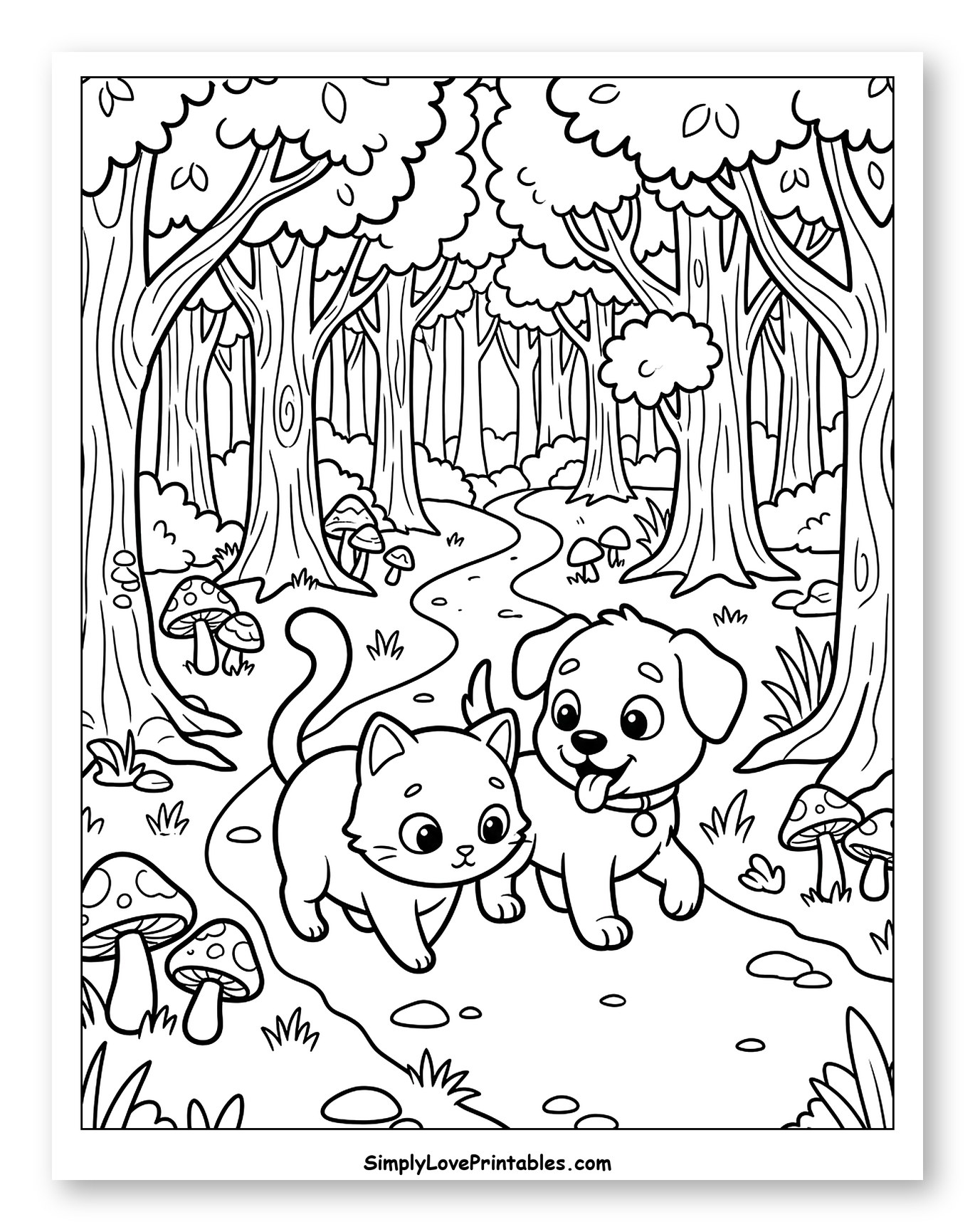 Cute Cat and Dog Friends in a Forest to Color for Kids