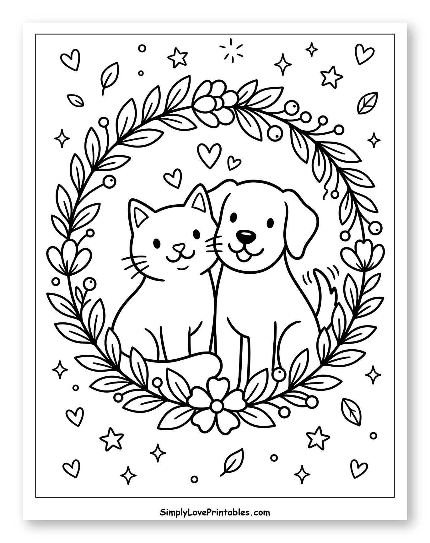 Cute Cat and Dog in Floral Wreath