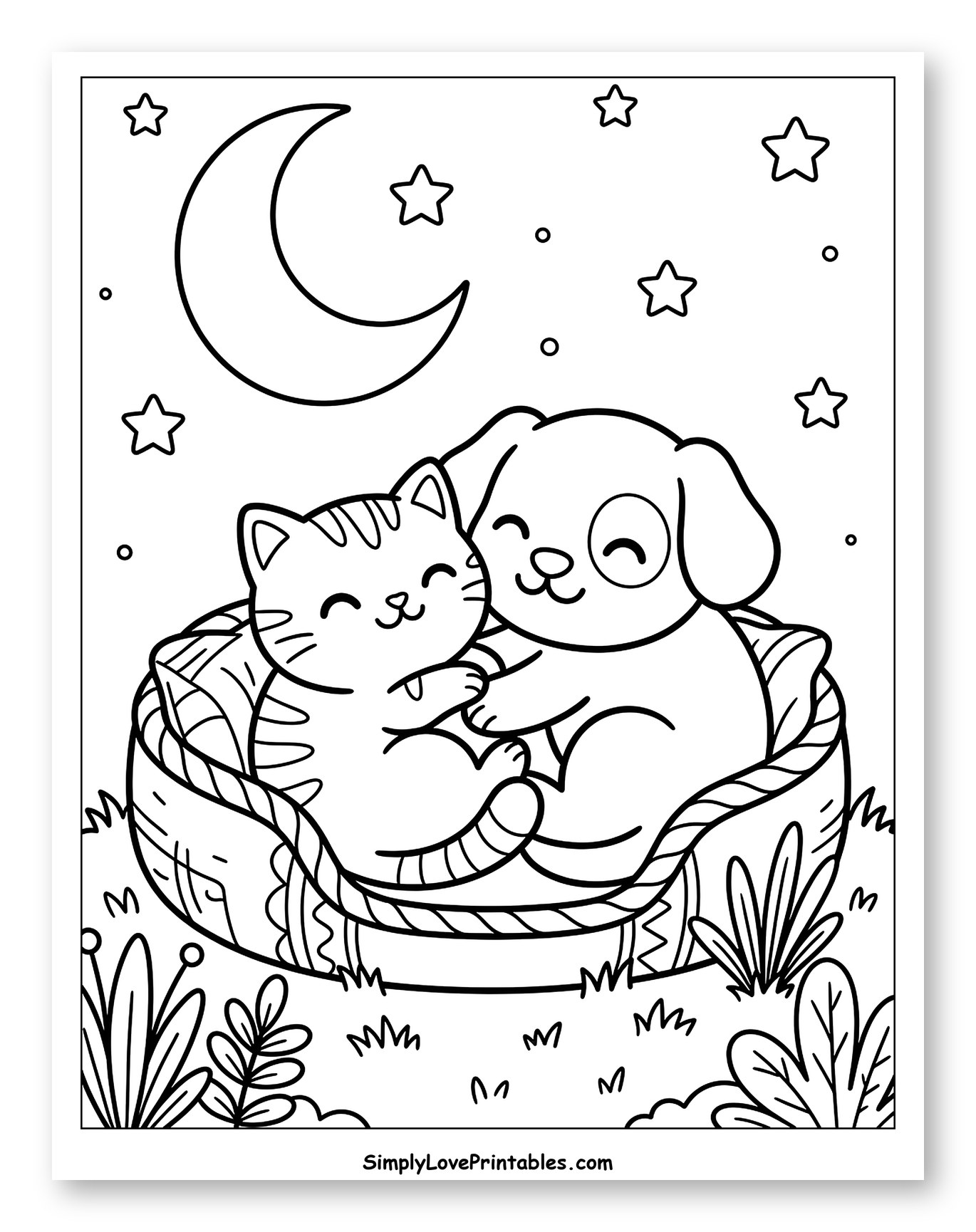 Cute Cat and Dog Snuggling Under Moon Coloring Page for Kids