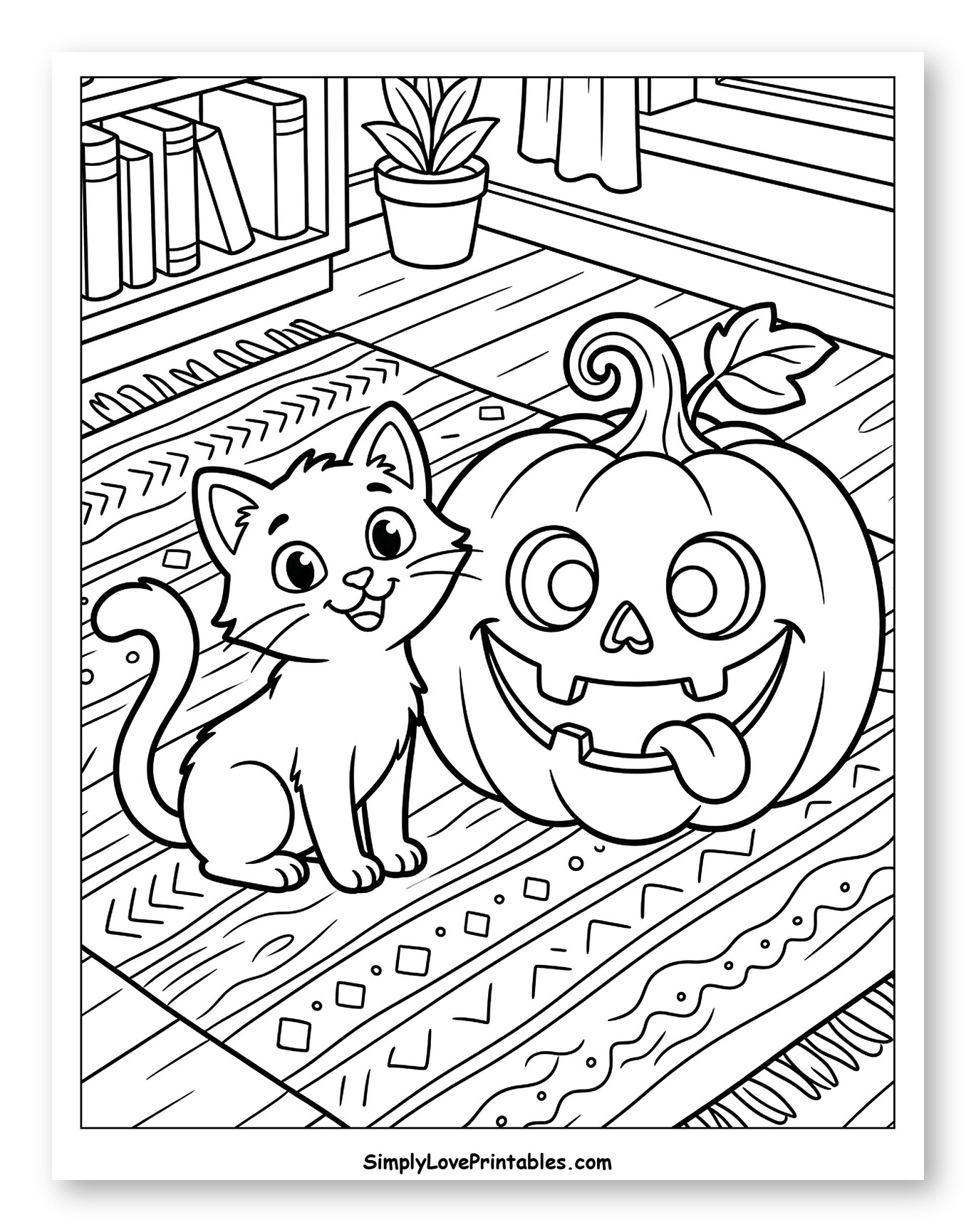 Cute Cat and Jack-o'-lantern on Rug Coloring Page for Kids