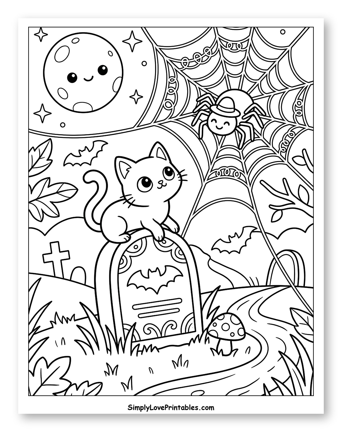 Cute Cat and Spider in Halloween Graveyard