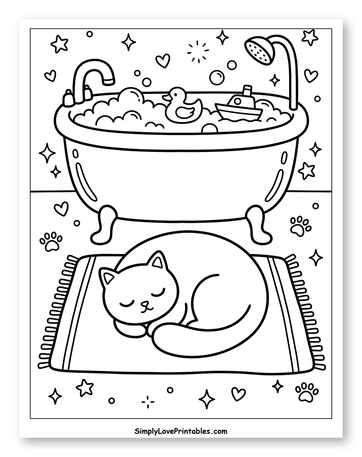 Cute Cat Asleep Beside Bubble-Filled Bathtub to Color for Adults