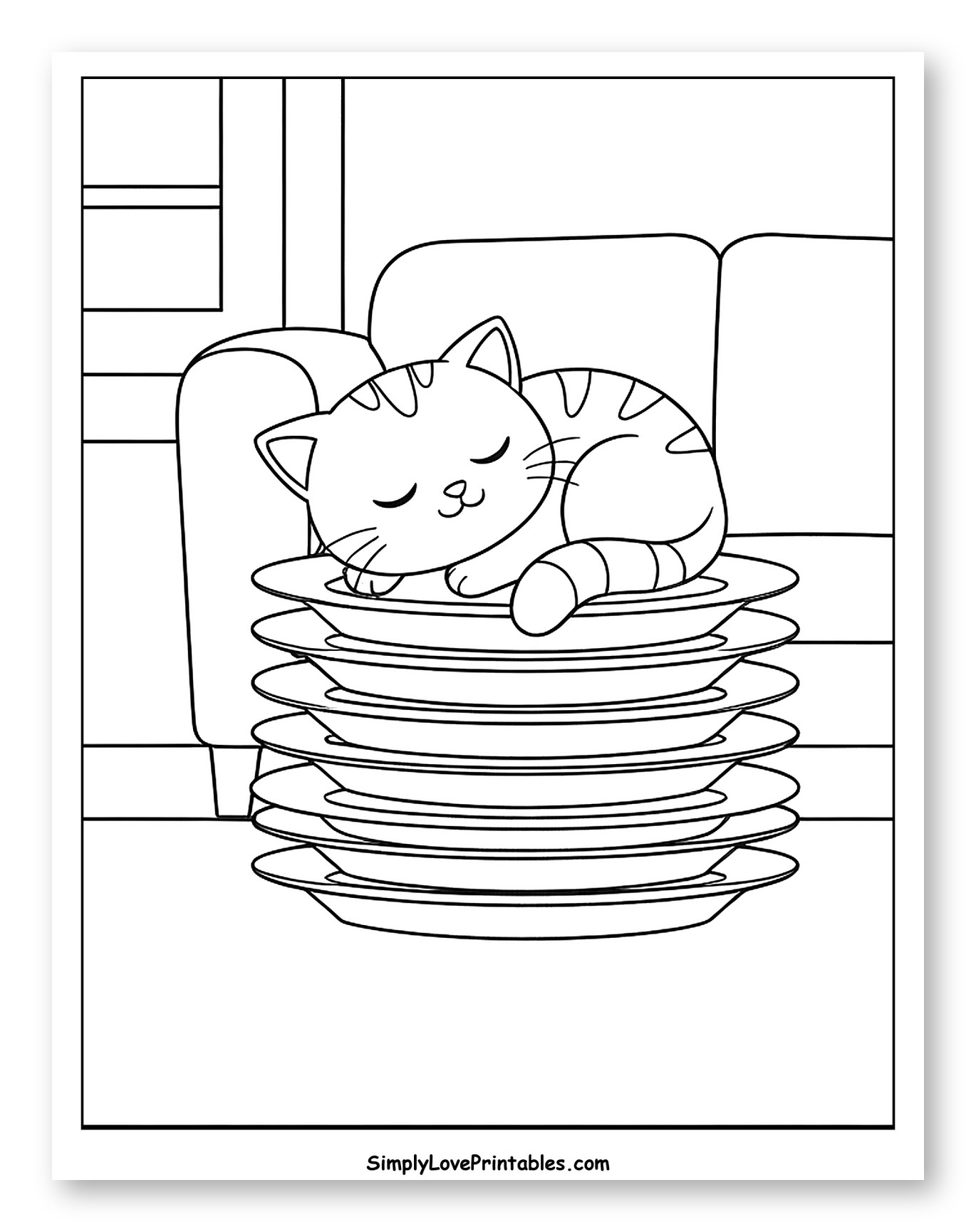 Cute Cat Asleep on a Stack of Plates to Color for Kids