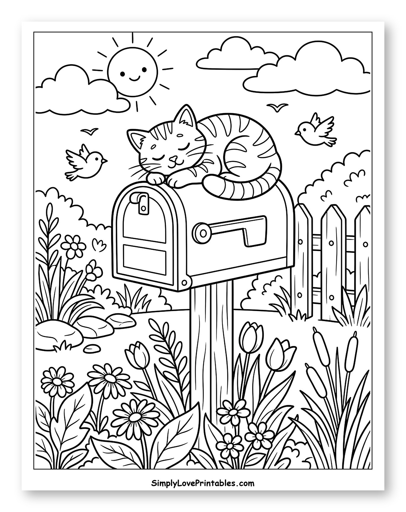 Cute Cat Asleep on Mailbox with Garden Flowers Coloring Sheet for Kids