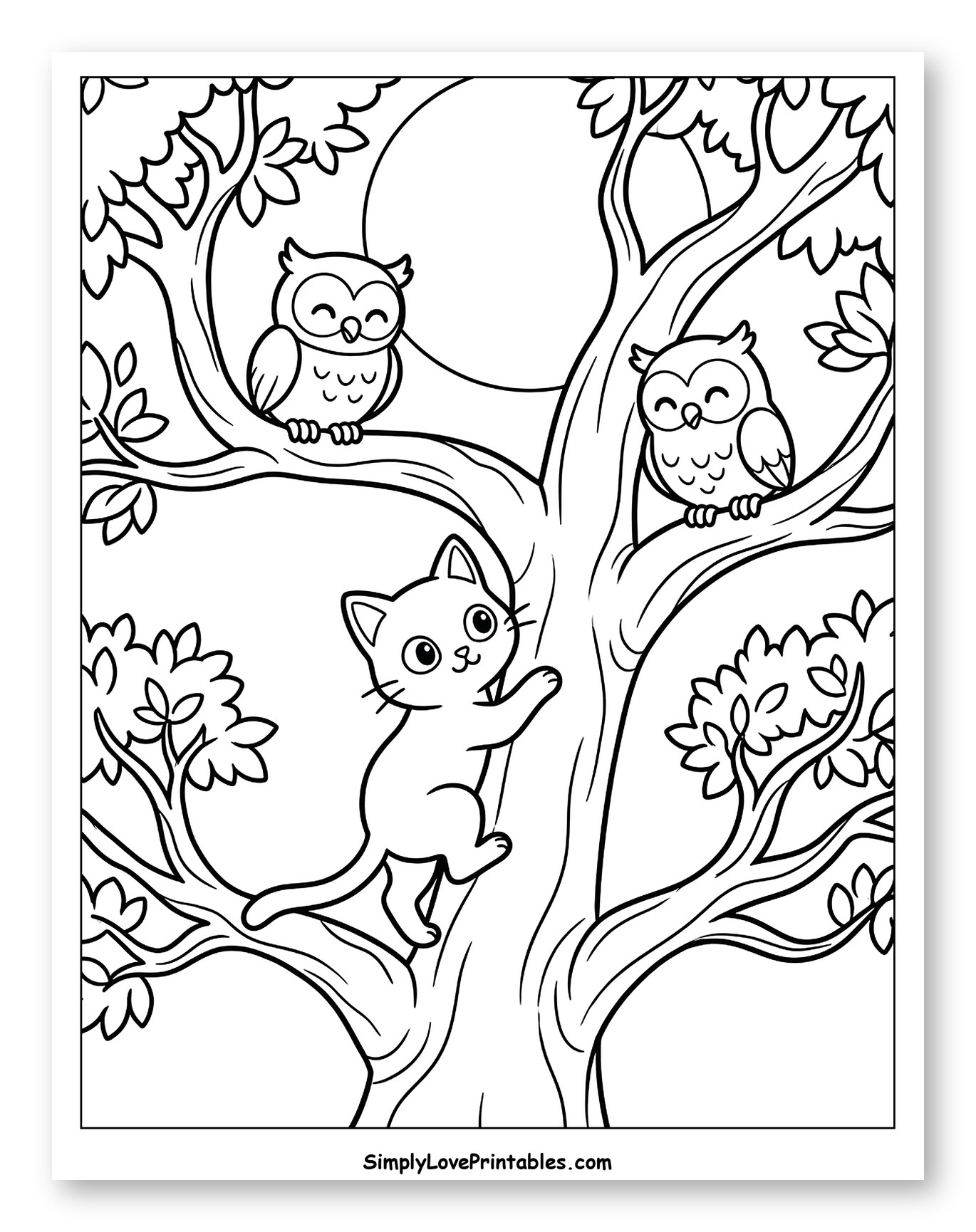 Cute Cat Climbing a Tree with Owls Coloring Page for Kids