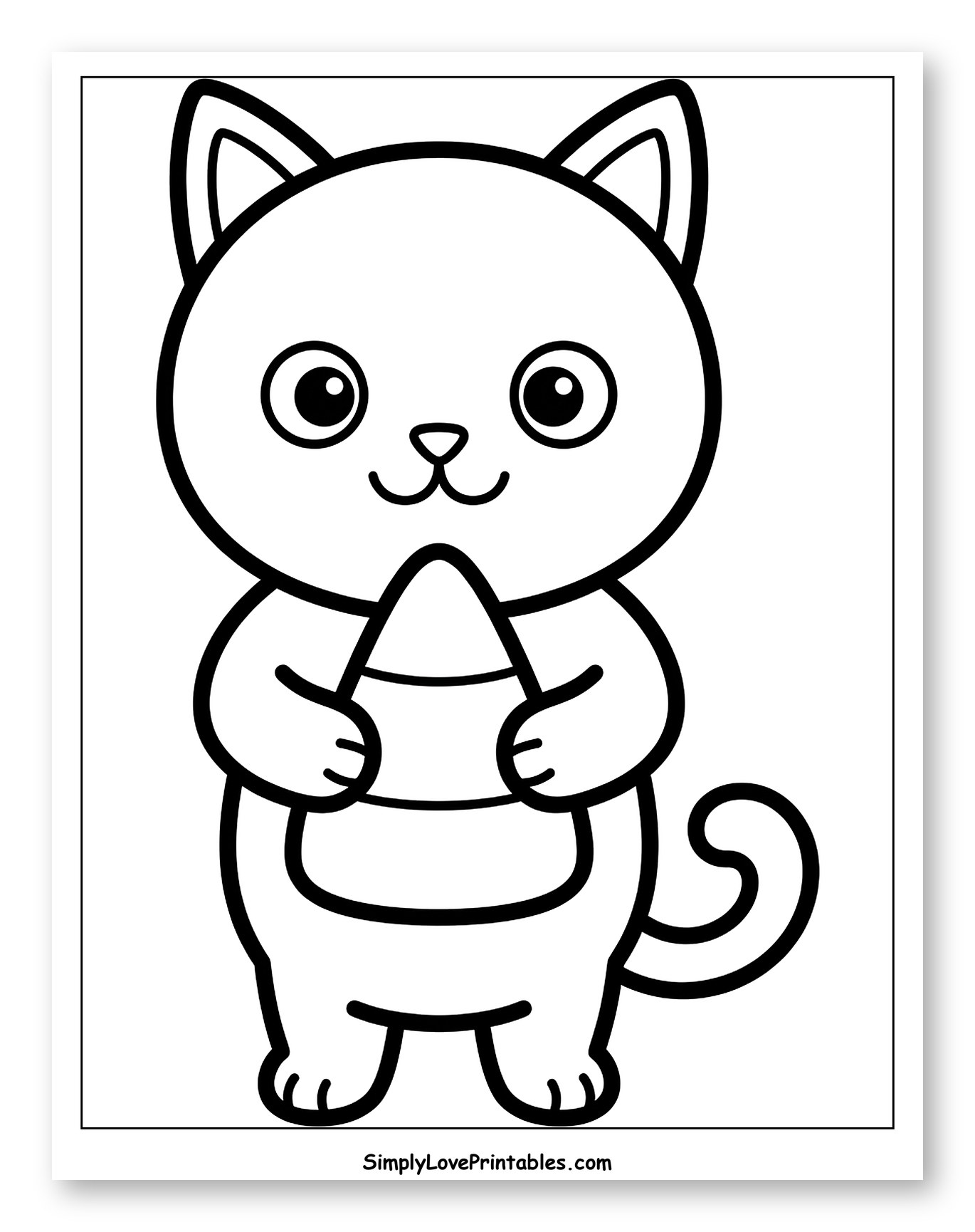 Cute Cat Holding Candy Corn Coloring Page for Toddlers