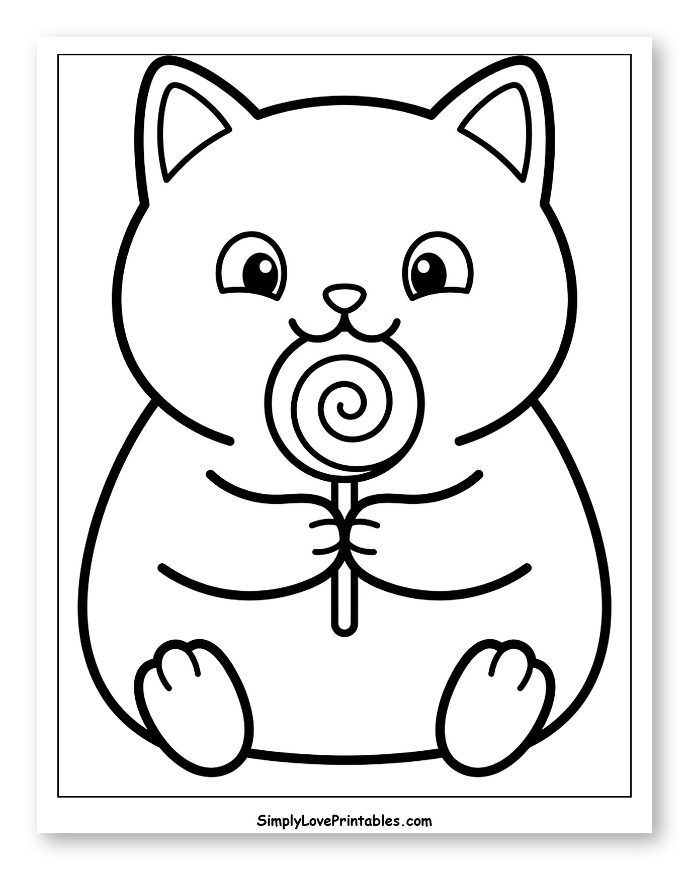 Cute Cat Holding Swirl Lollipop Coloring Sheet for Toddlers