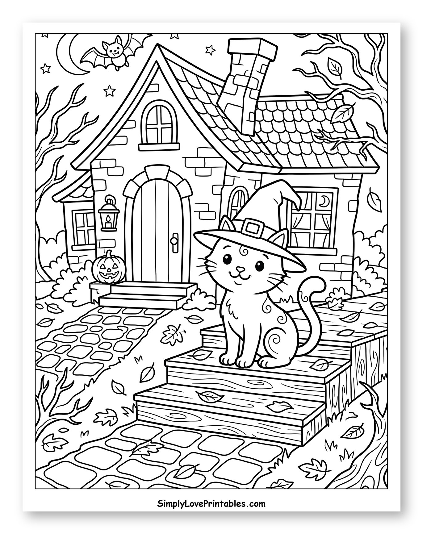 Cute Cat in Witch Hat at Halloween House