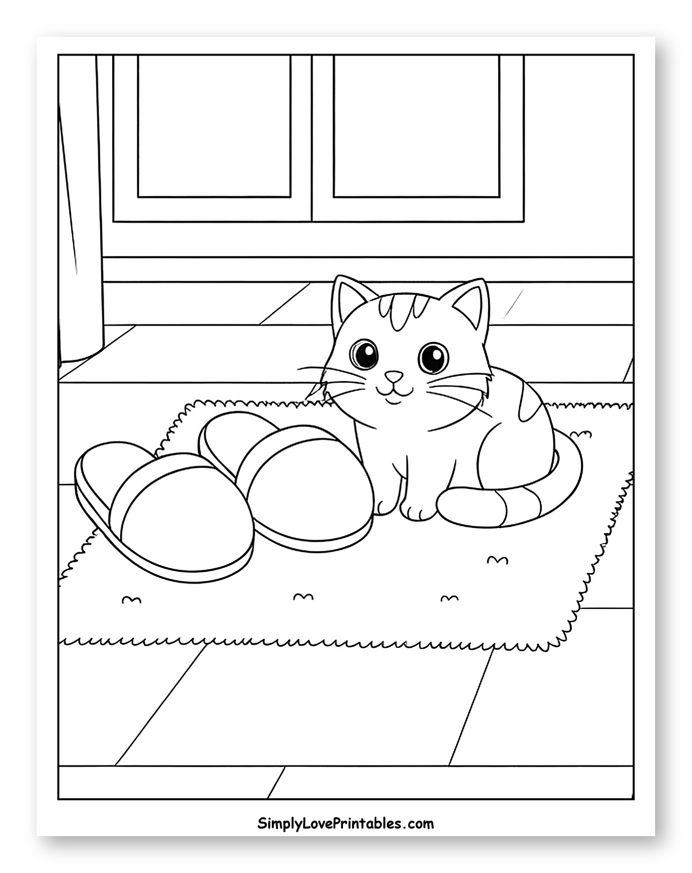 Cute Cat on a Rug with Slippers
