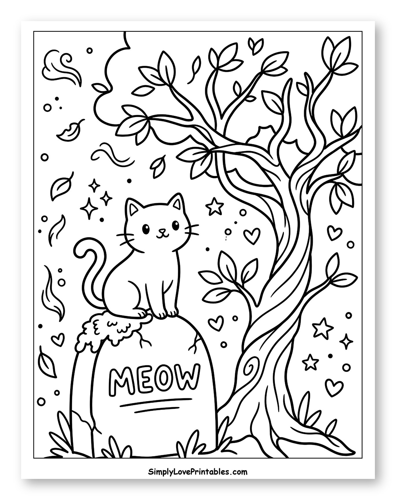Cute Cat on "Meow" Gravestone with Tree Coloring Sheet for Adults