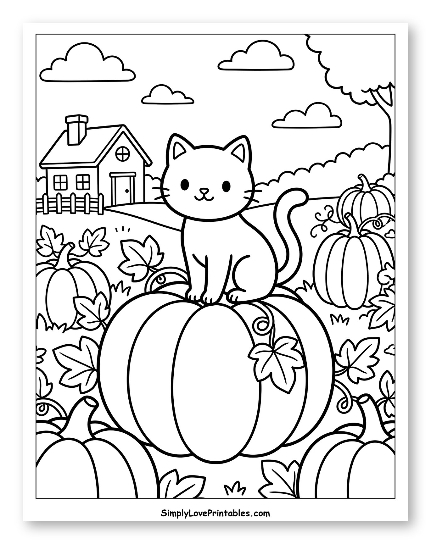 Cute Cat on Pumpkin in Autumn Field
