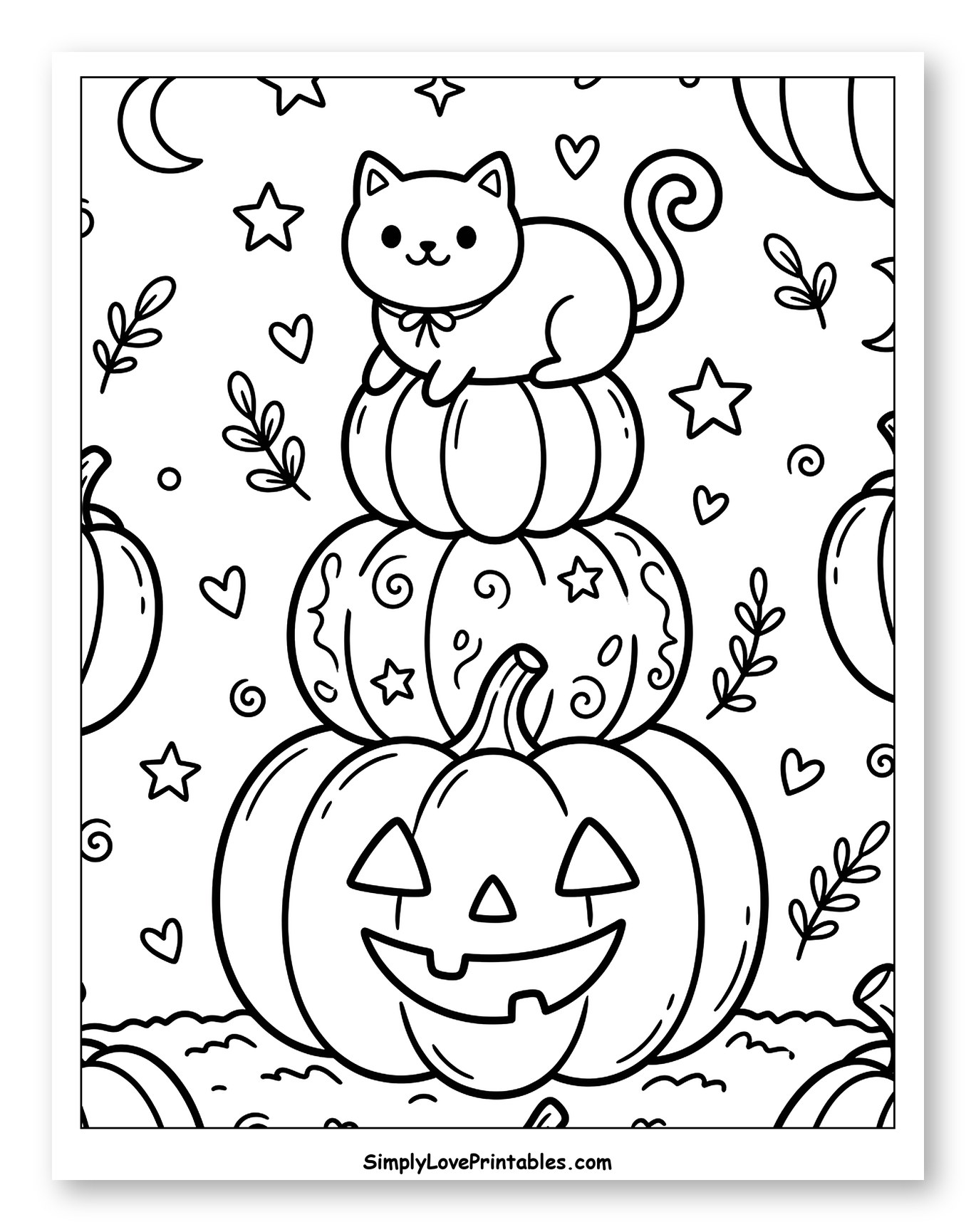 Cute Cat on Stacked Halloween Pumpkins Coloring Sheet for Adults