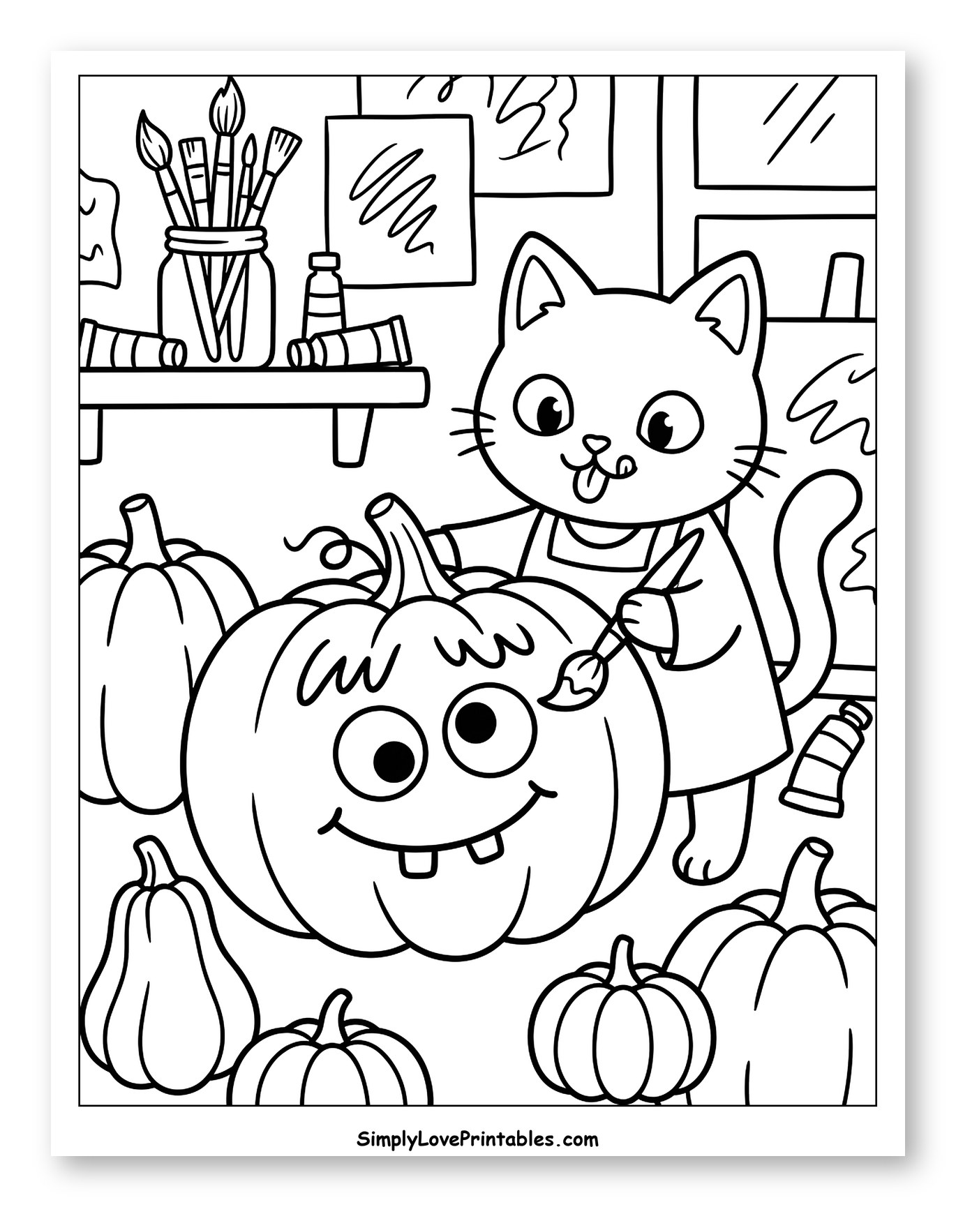 Cute Cat Painting a Halloween Pumpkin to Color for Kids