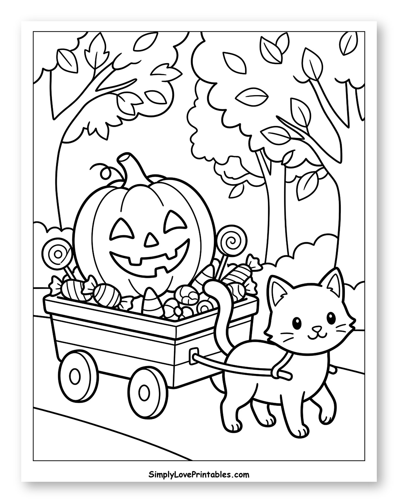 Cute Cat Pulling Wagon with Jack-o'-Lantern and Candy