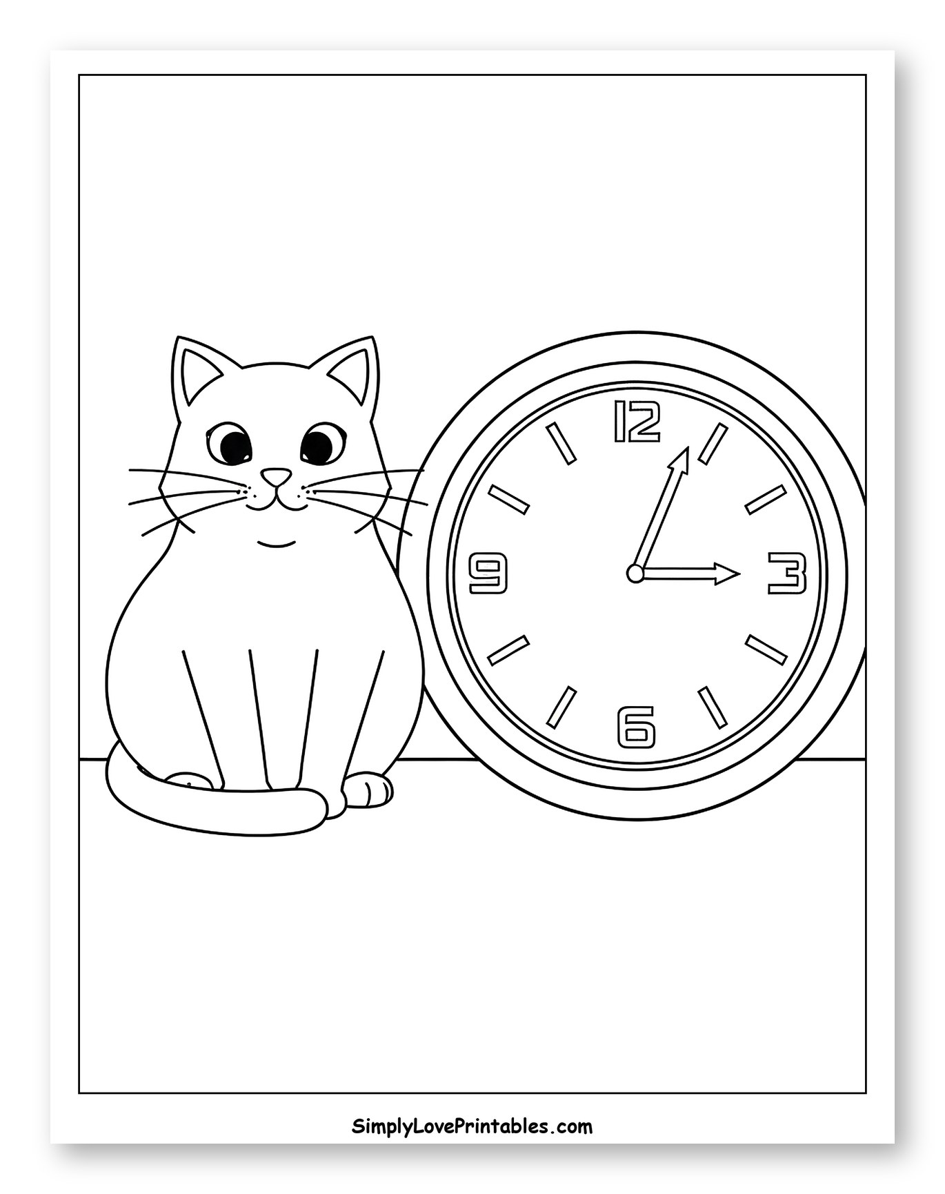 Cute Cat Sitting Next to a Clock Coloring Sheet for Toddlers