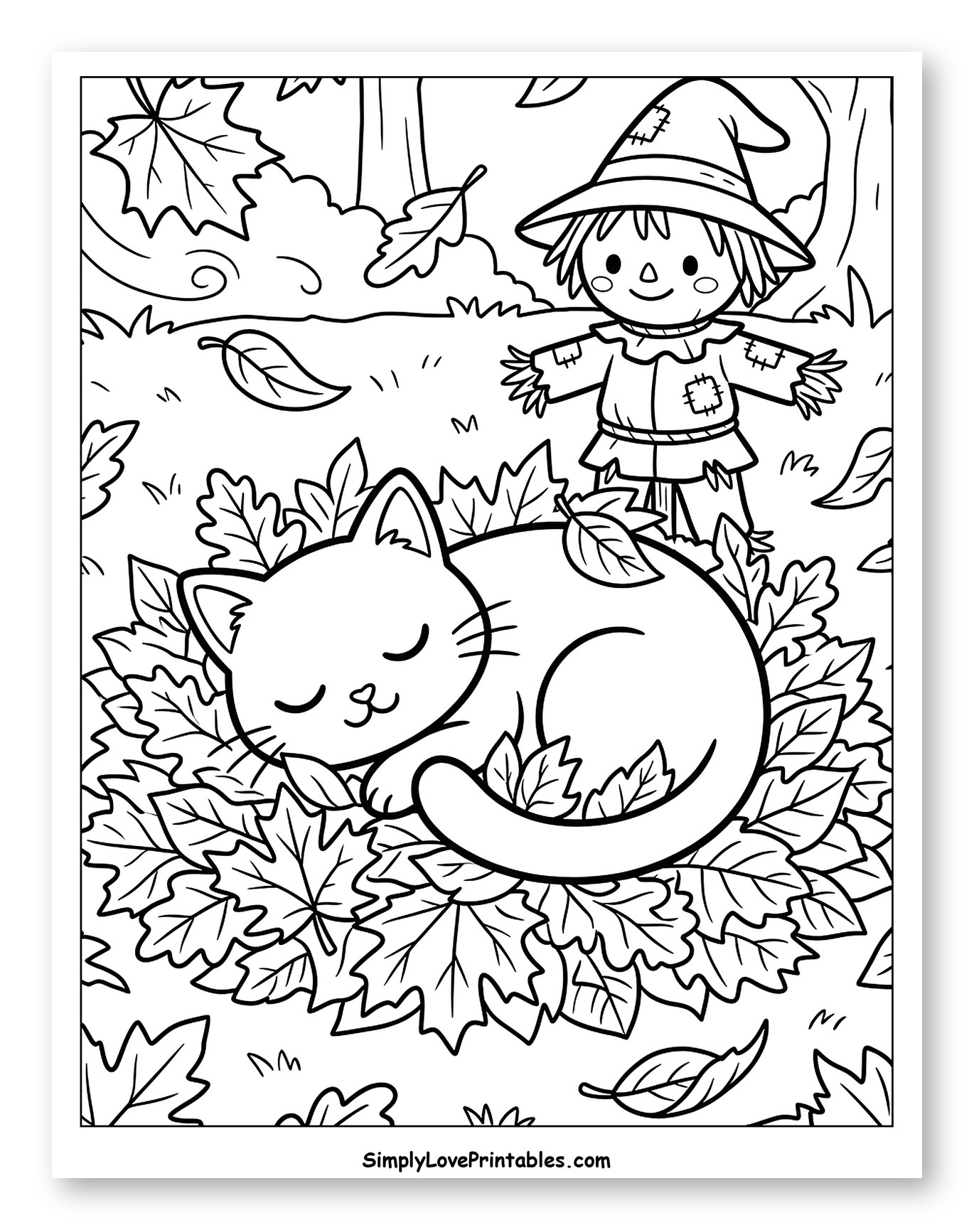 Cute Cat Sleeping in Autumn Leaves with Scarecrow Coloring Page for Kids
