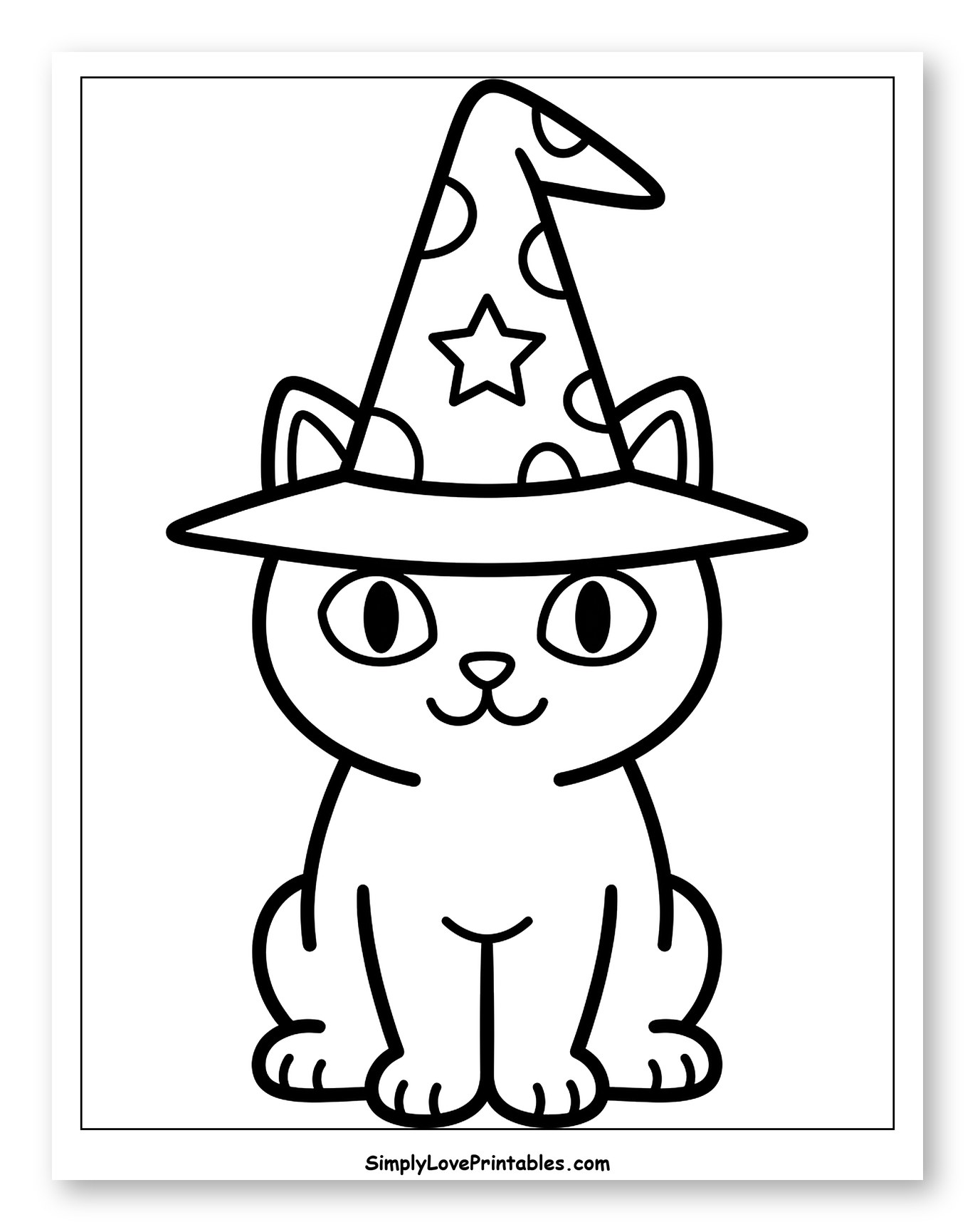 Cute Cat Wearing a Polka Dot Witch Hat to Color for Toddlers