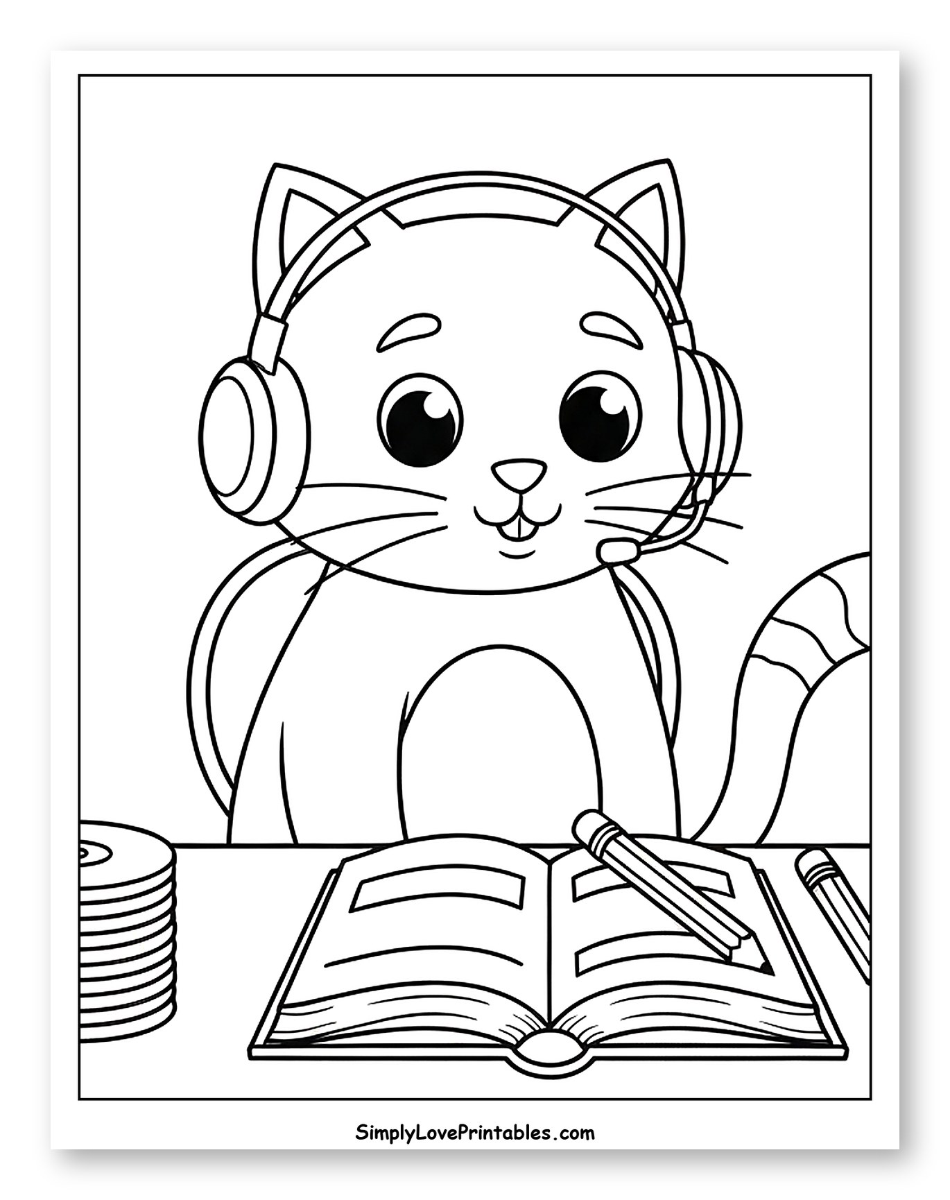 Cute Cat Wearing Headphones at Desk to Color for Kids
