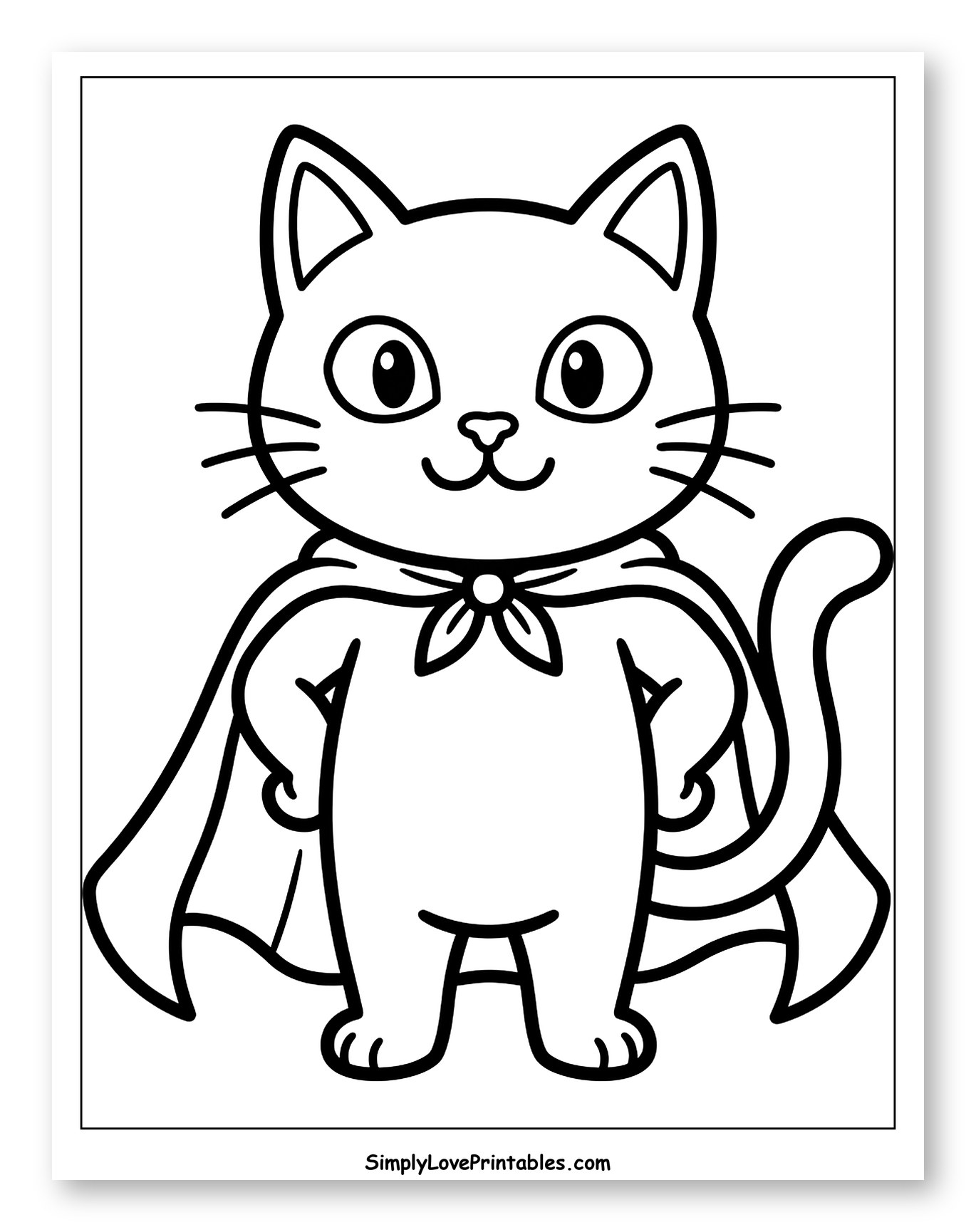 Cute Cat Wearing Superhero Cape Coloring Page for Toddlers