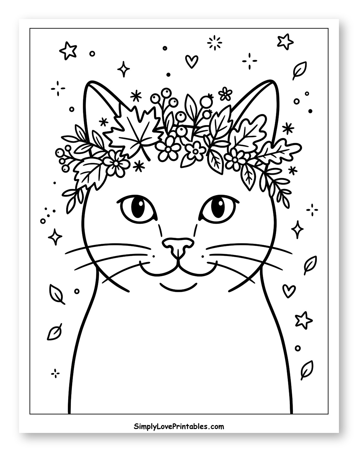 Cute Cat with Autumn Floral Crown Coloring Page for Adults