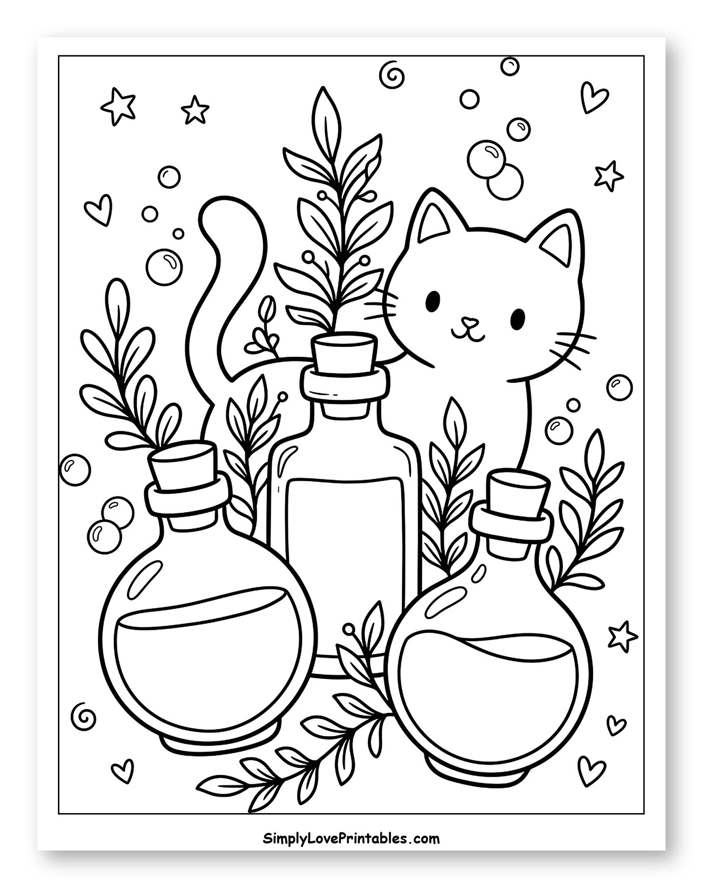 Cute Cat with Magical Potion Bottles Coloring Sheet for Adults