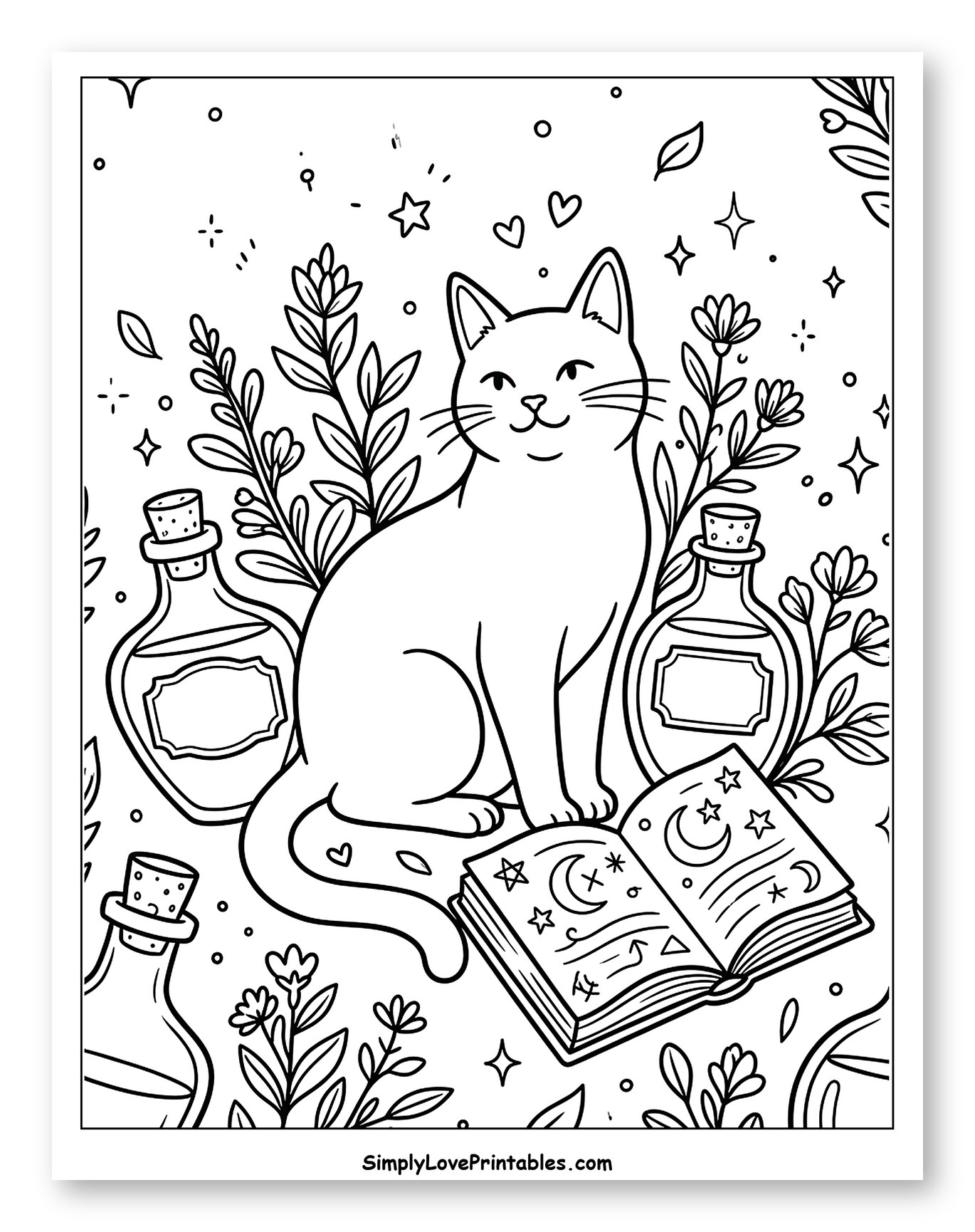 Cute Cat with Potion Bottles and Spellbook to Color for Adults