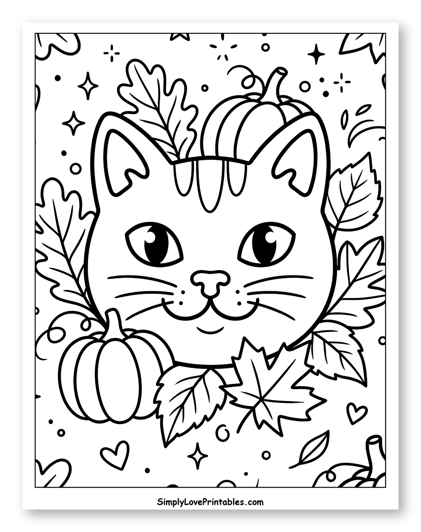 Cute Cat with Pumpkins and Autumn Leaves