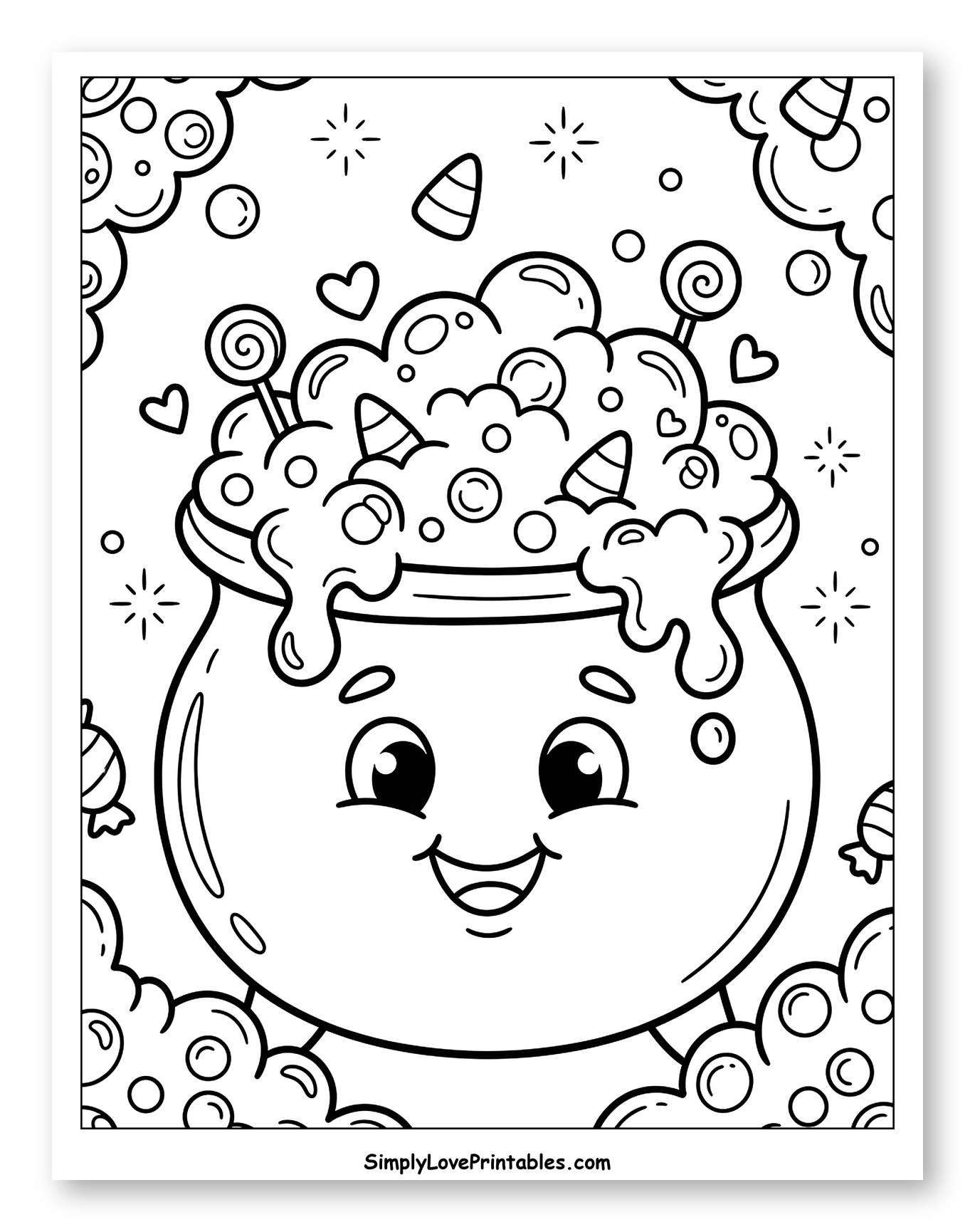 Cute Cauldron with Candy and Bubbles to Color for Kids