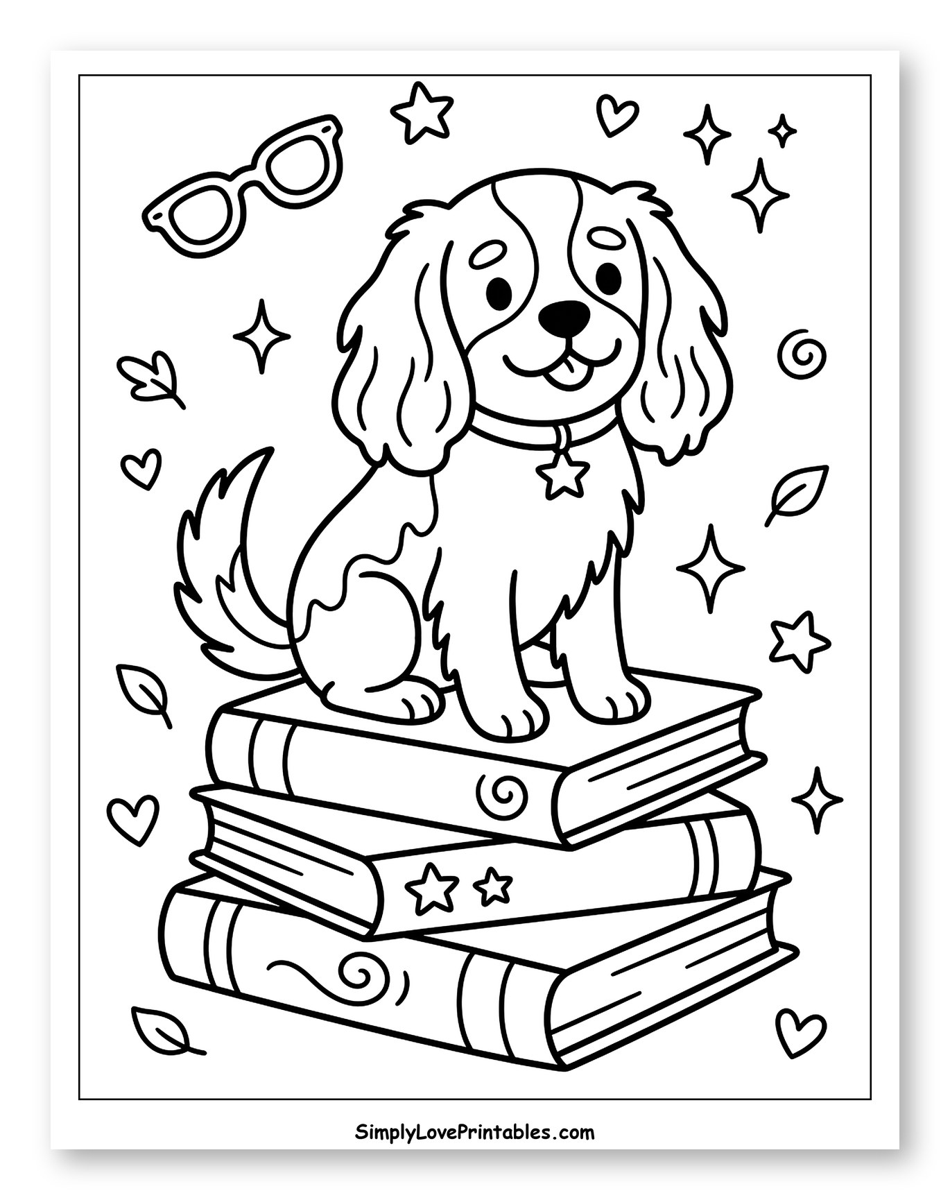 Cute Cavalier Puppy on Stack of Books Coloring Page for Adults