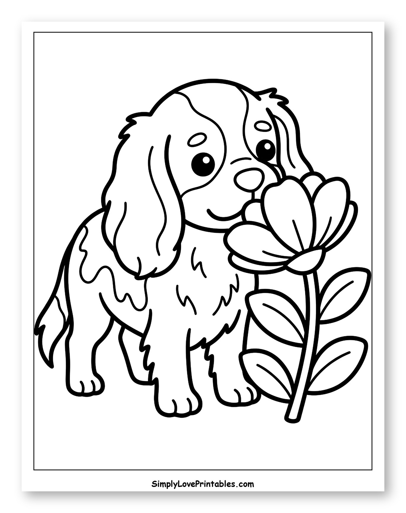 Cute Cavalier Puppy Sniffing a Flower Coloring Sheet for Toddlers
