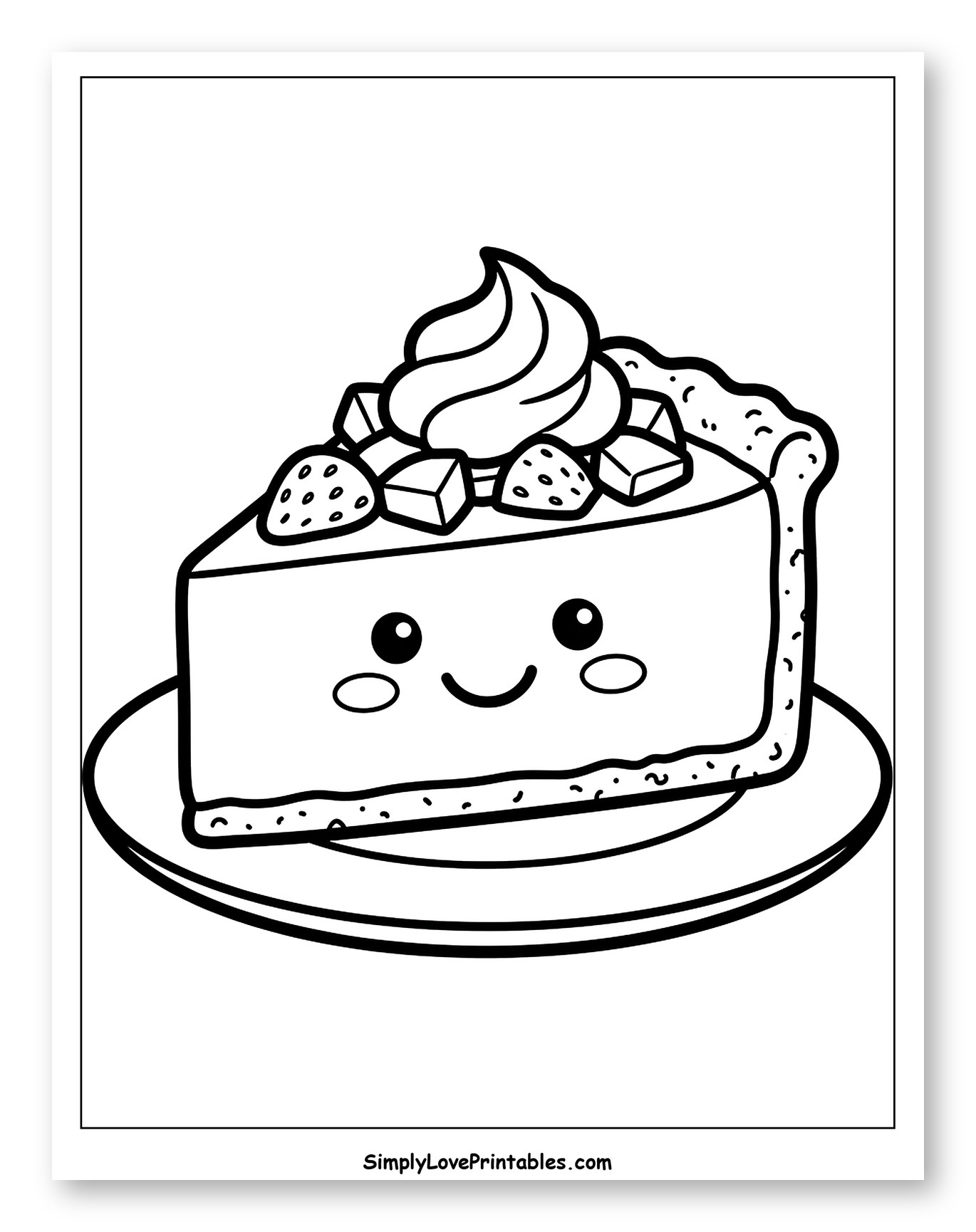 Cute Cheesecake Slice with Whipped Cream and Strawberries Coloring Sheet for Toddlers
